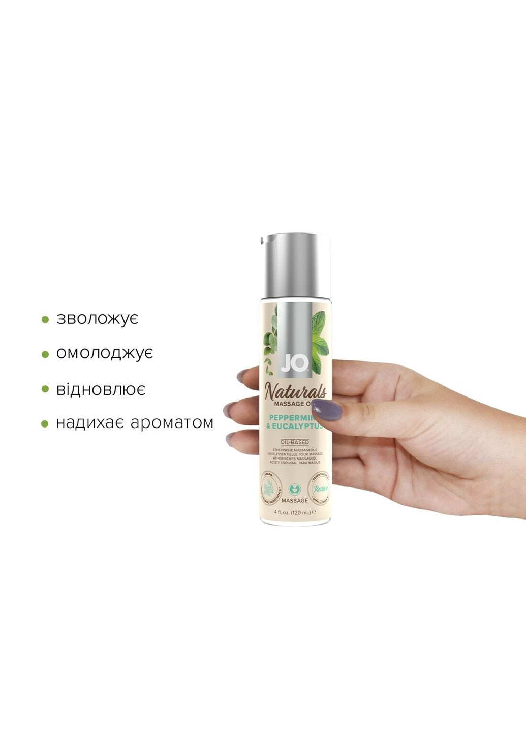 Массажное масло - Naturals Massage Oil - Peppermint&Eucalyptus с эфирными маслами (120 мл) System JO (255169488)