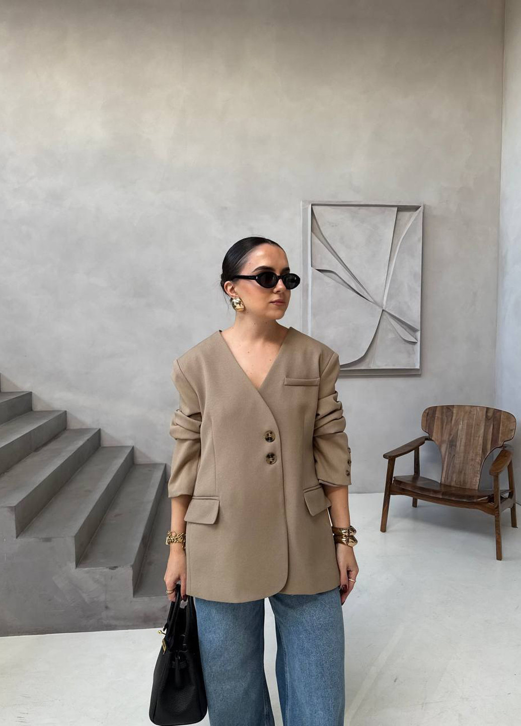 Темно-бежевый женский жакет No Brand однотонный - демисезонный