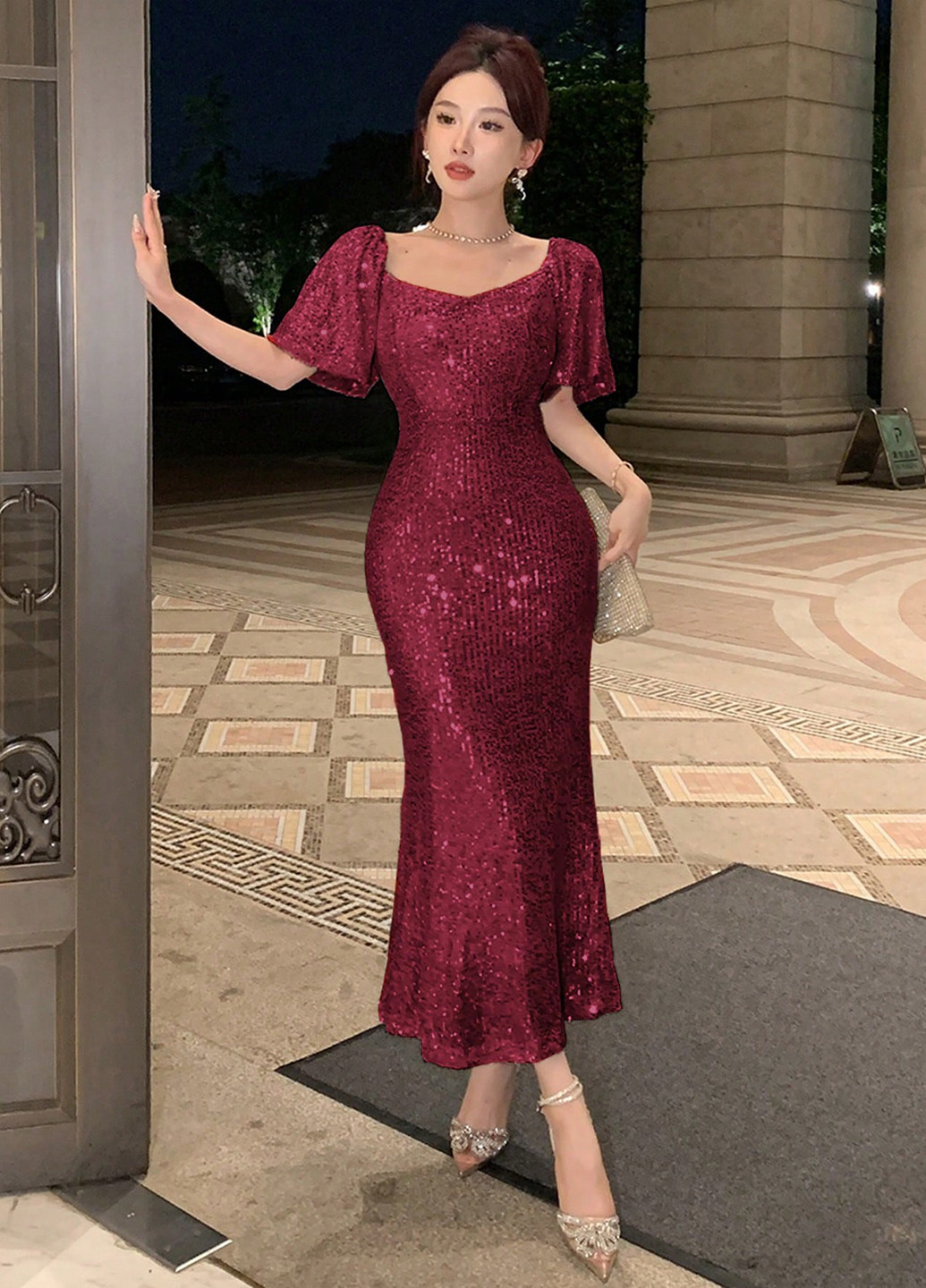 Вишневое праздничный, вечернее платье годе SHEIN однотонное