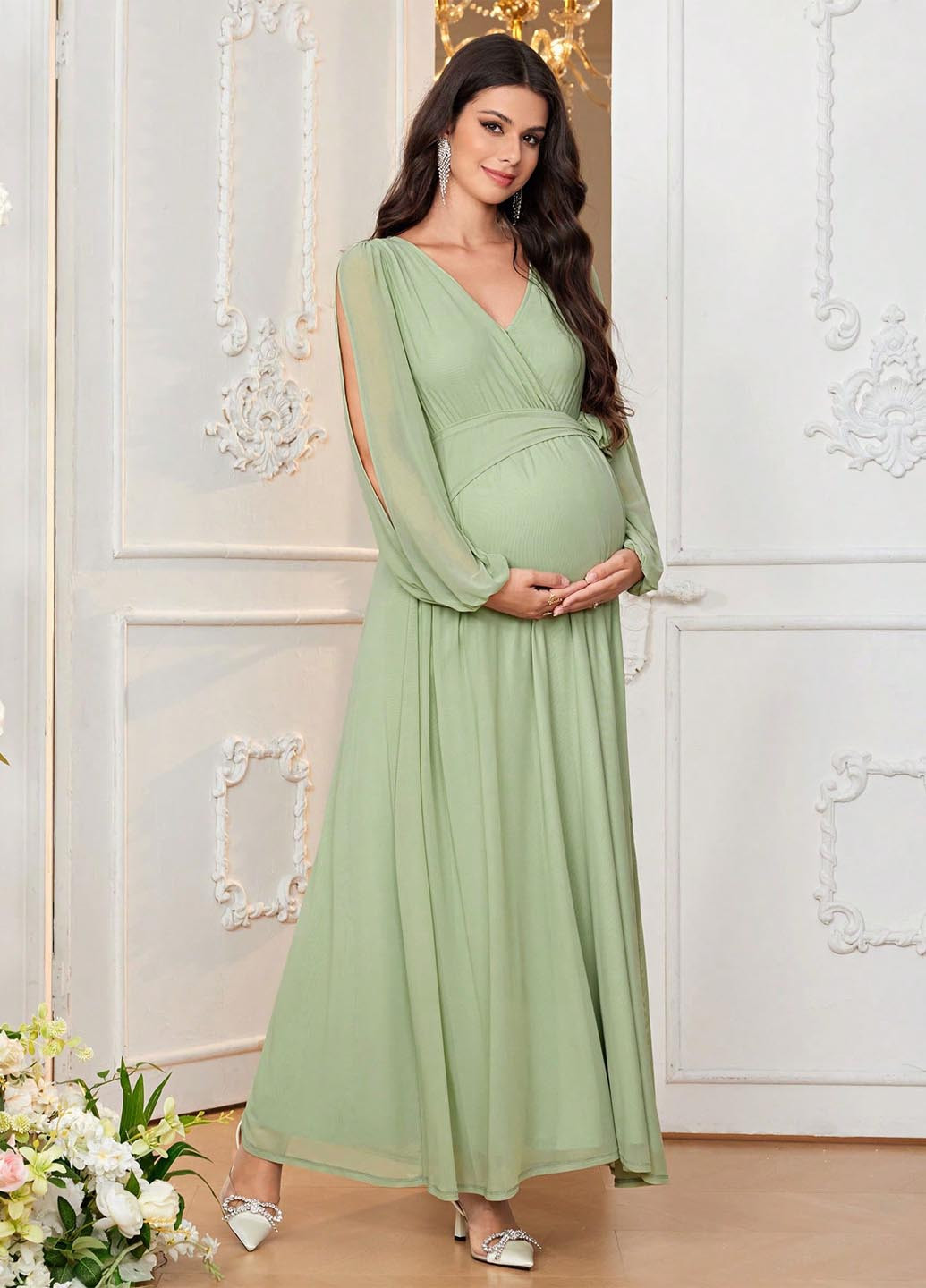 Фісташкова святковий, вечірня сукня для вагітних на запах SHEIN однотонна