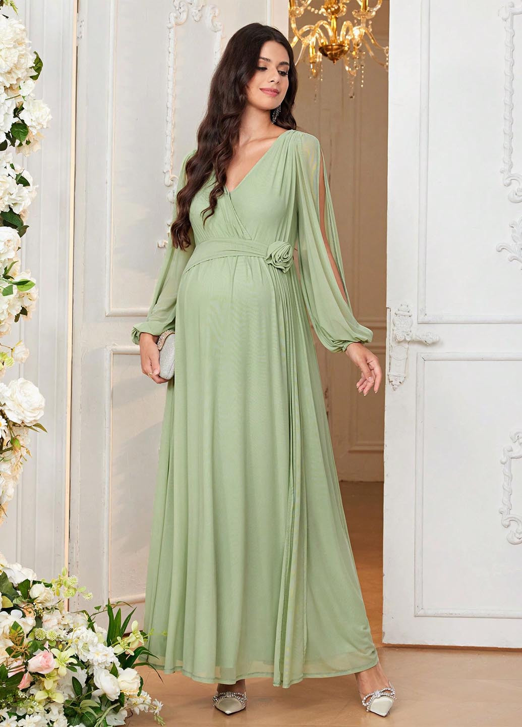 Фісташкова святковий, вечірня сукня для вагітних на запах SHEIN однотонна