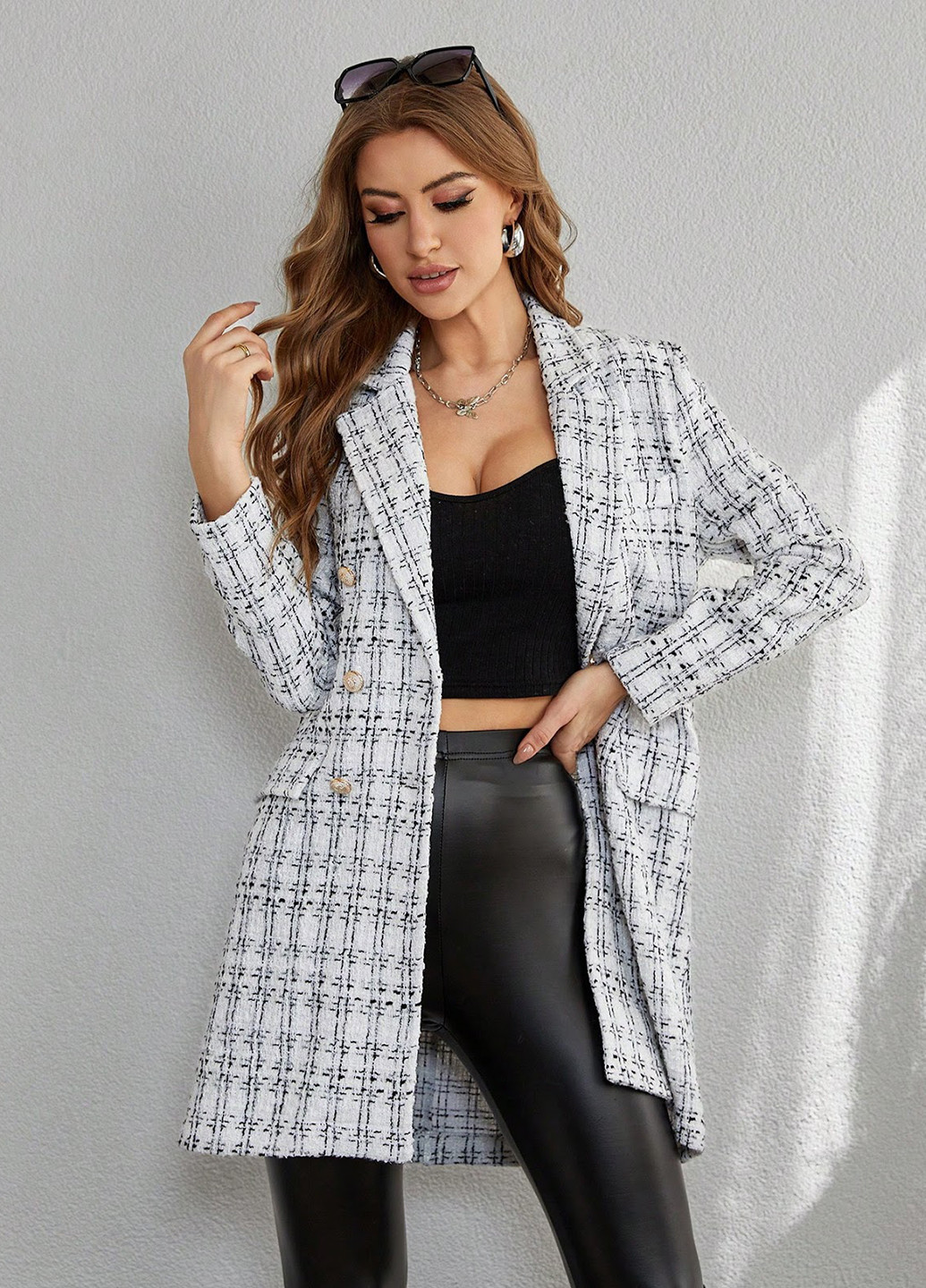 Чорно-білий демісезонне Пальто двобортне SHEIN