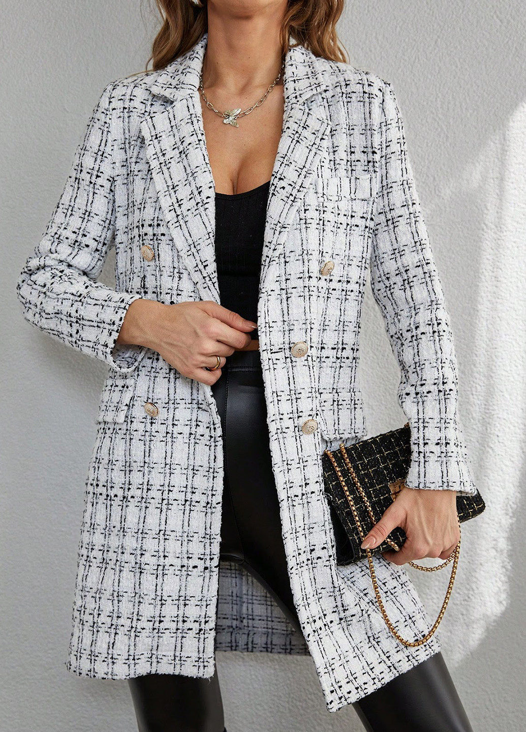 Чорно-білий демісезонне Пальто двобортне SHEIN