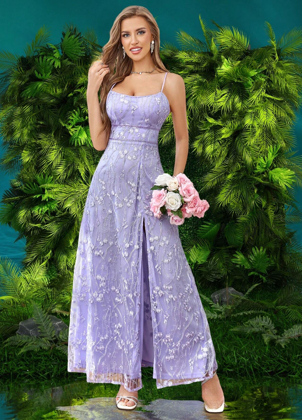 Сиреневое праздничный платье клеш, с открытой спиной SHEIN однотонное