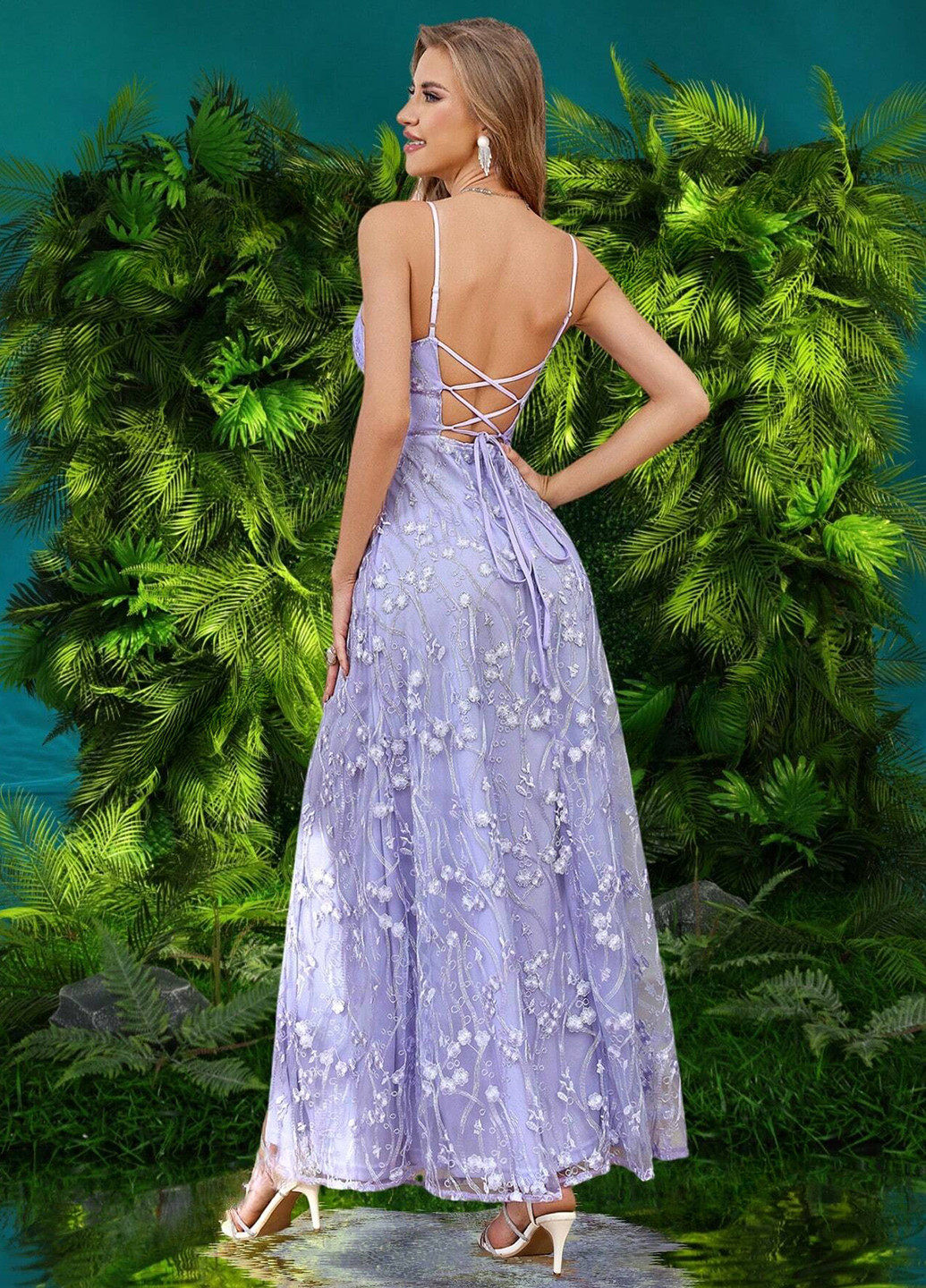 Сиреневое праздничный платье клеш, с открытой спиной SHEIN однотонное