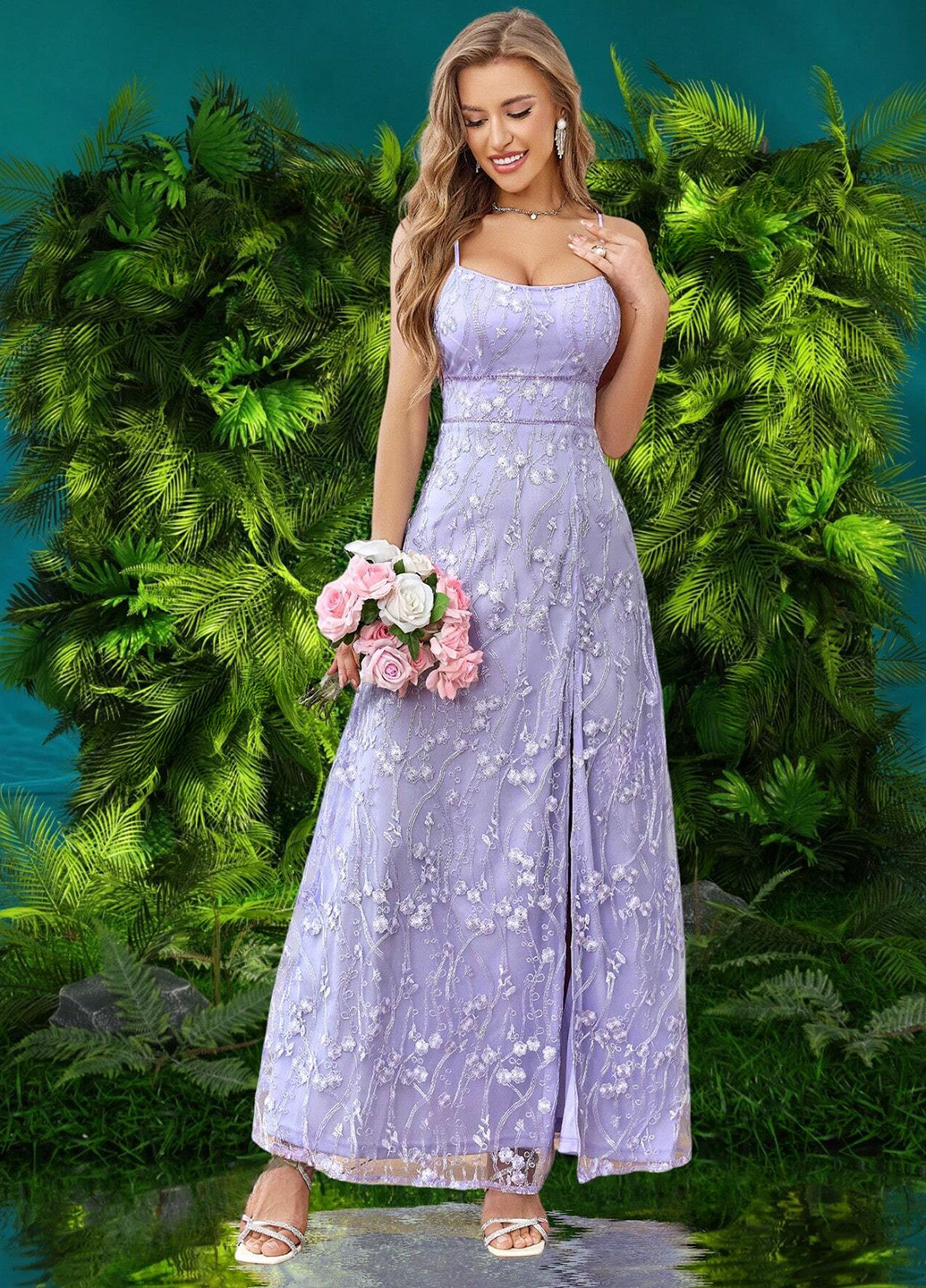 Сиреневое праздничный платье клеш, с открытой спиной SHEIN однотонное