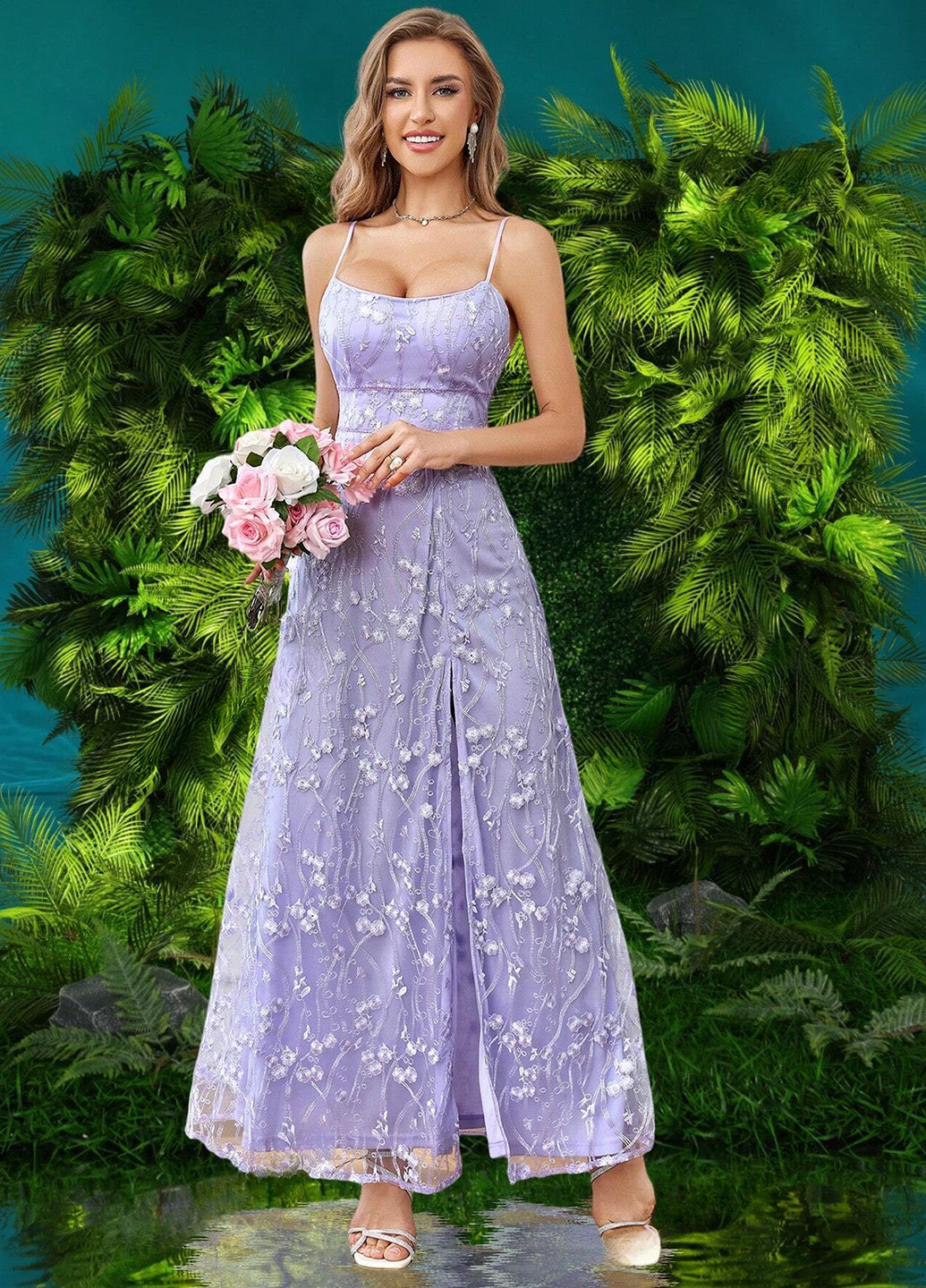 Сиреневое праздничный платье клеш, с открытой спиной SHEIN однотонное