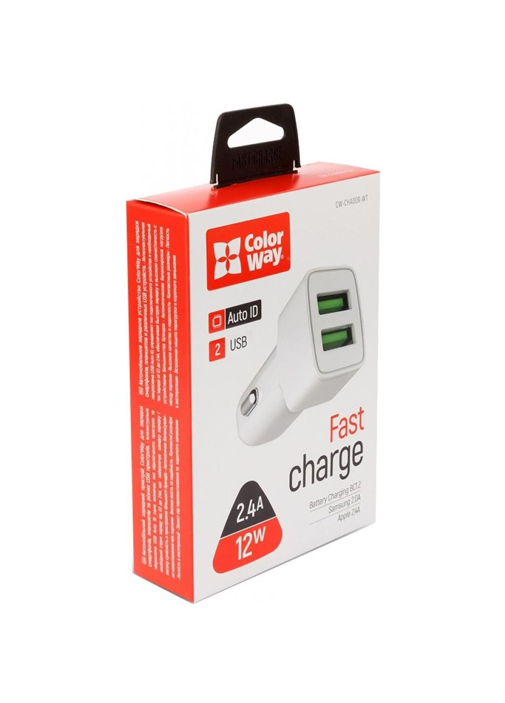 Зарядний пристрій (CW-CHA009-WT) Colorway 2USB AUTO ID 2.4A (12W) white (253507169)