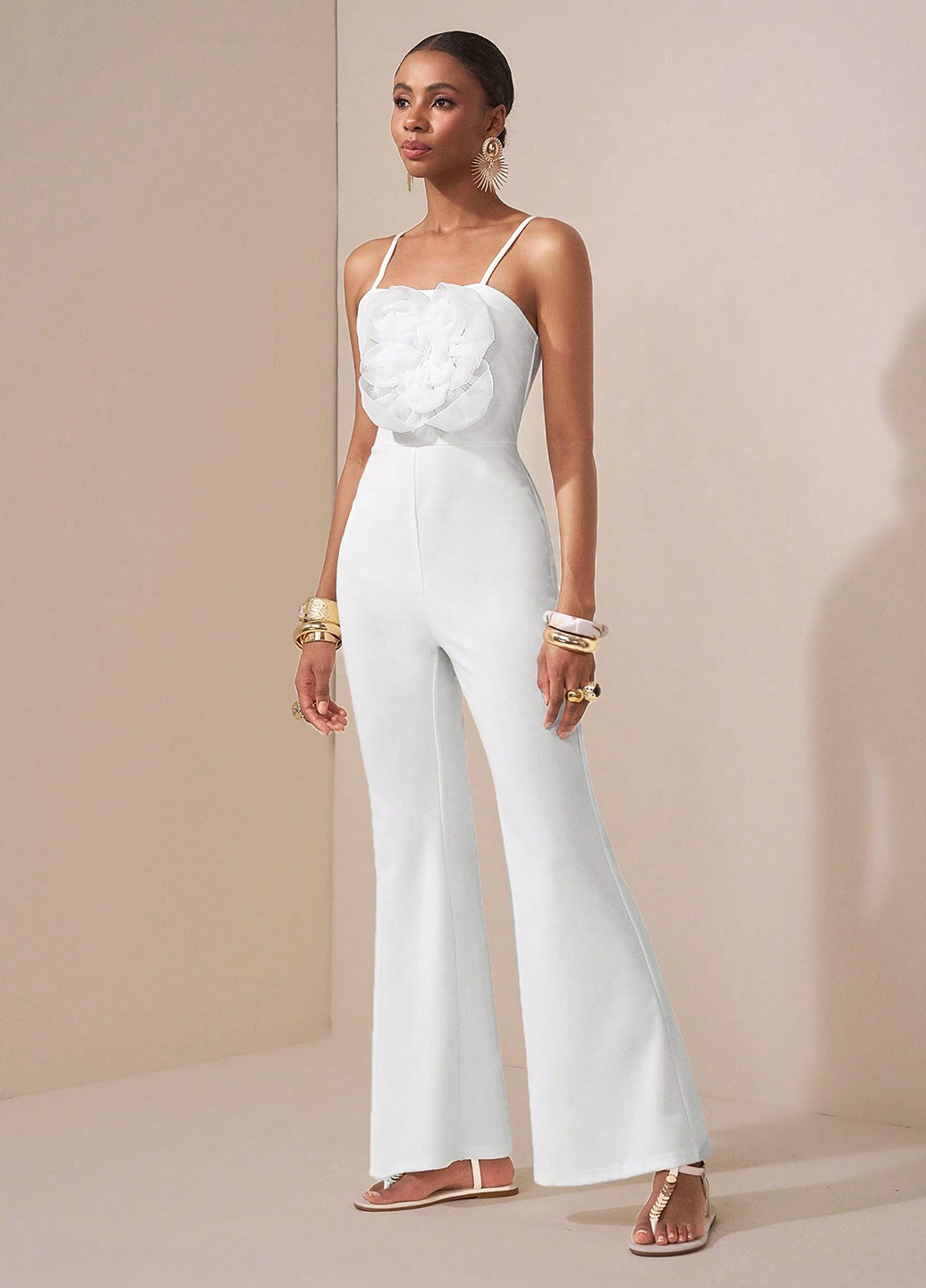 Комбинезон SHEIN комбинезон-брюки однотонный белый праздничный, вечерний полиэстер, трикотаж
