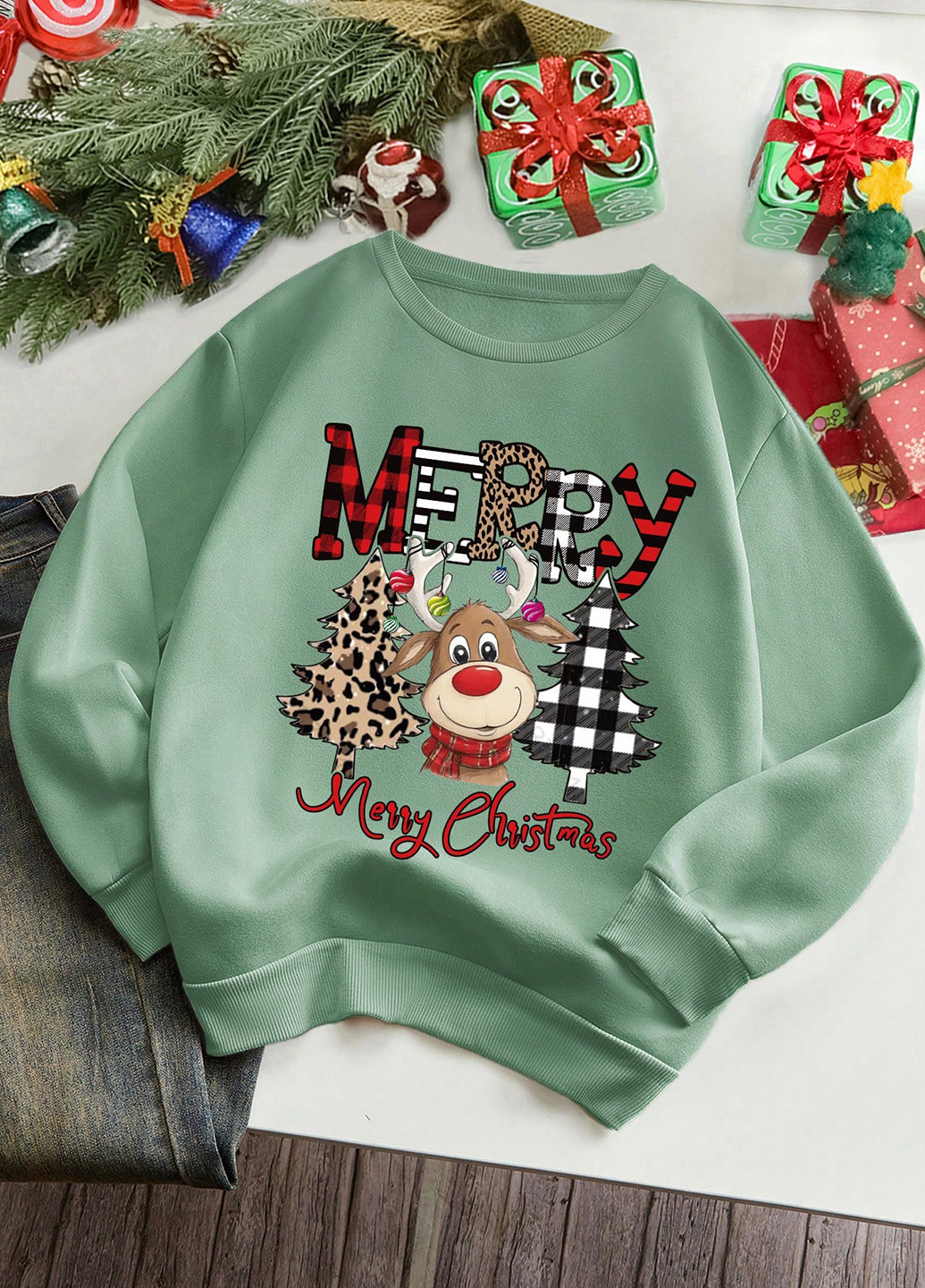 М'ятний світшот SHEIN новорічний без декору (334151276)