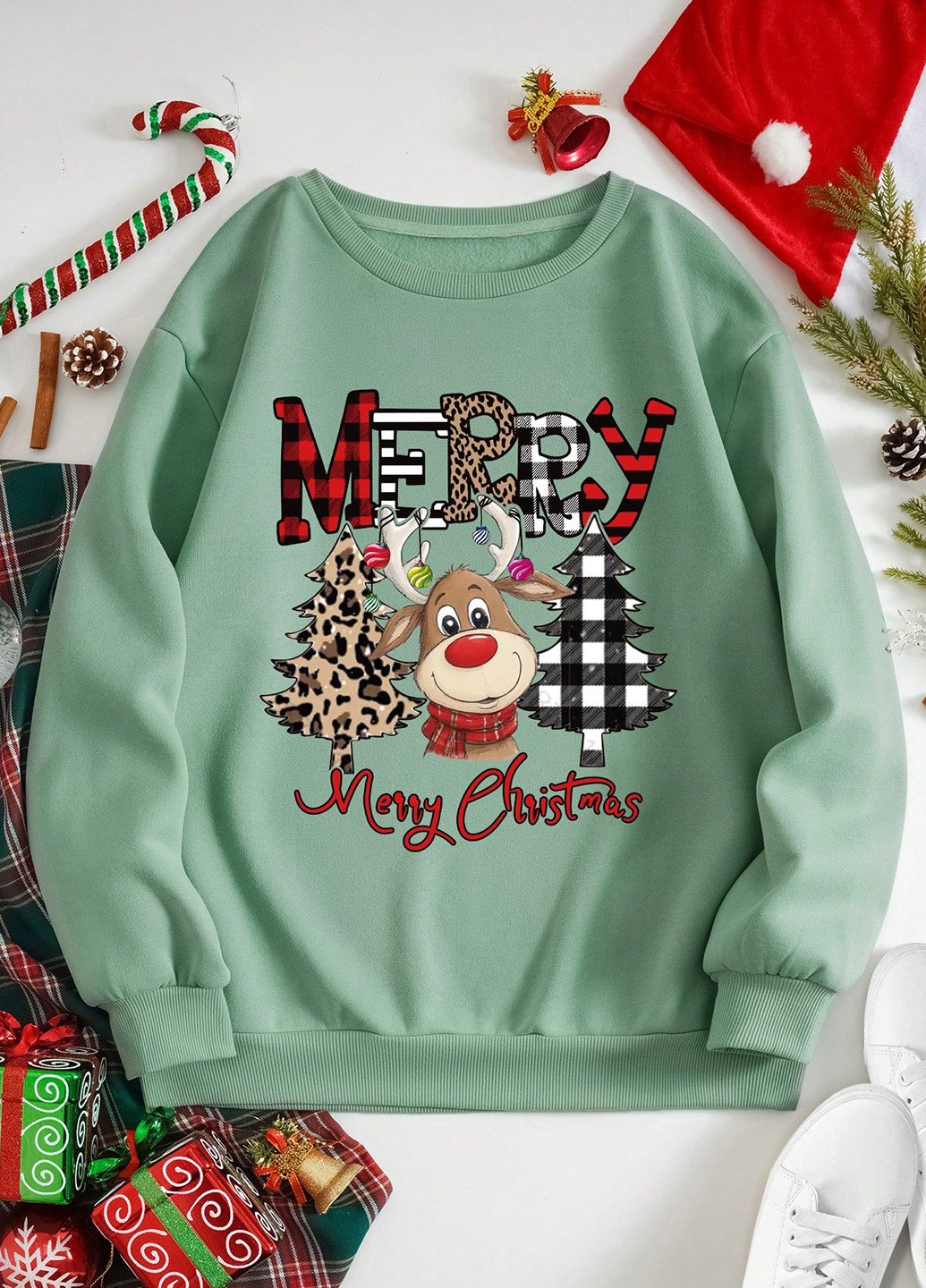 М'ятний світшот SHEIN новорічний без декору (334151276)