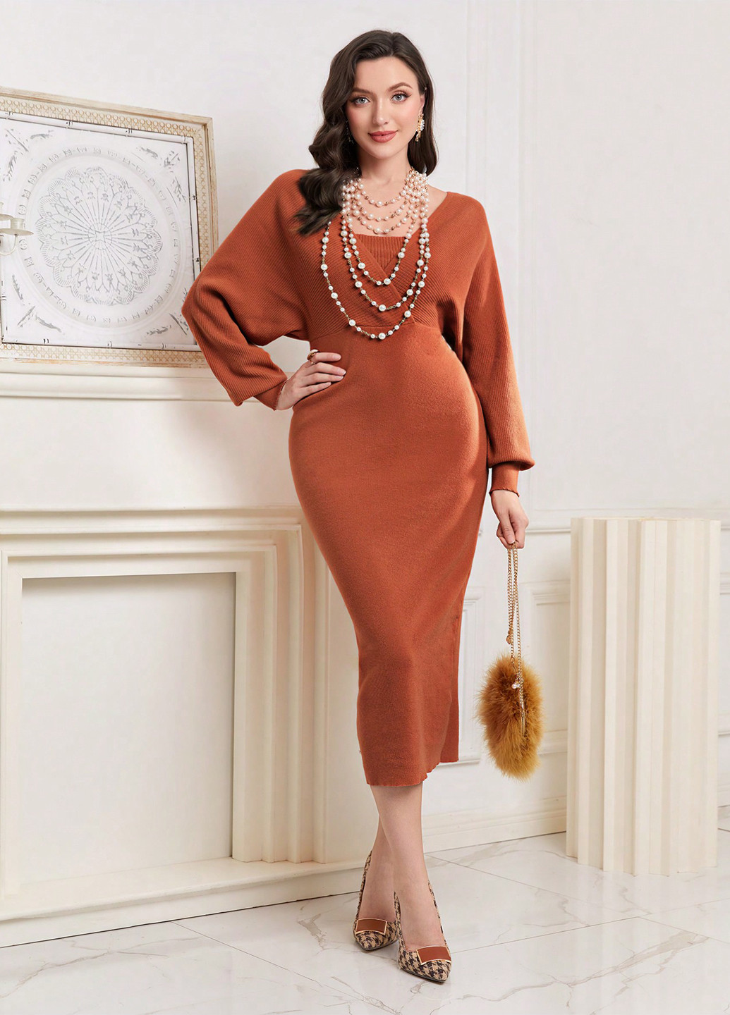 Терракотовое кэжуал платье платье-свитер SHEIN однотонное