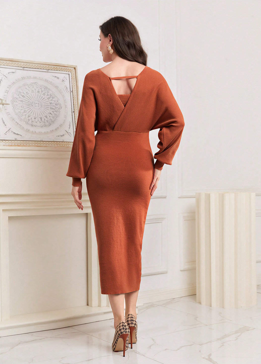 Терракотовое кэжуал платье платье-свитер SHEIN однотонное