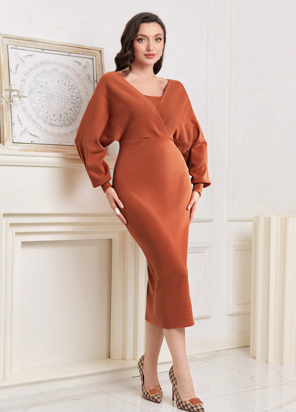 Терракотовое кэжуал платье платье-свитер SHEIN однотонное