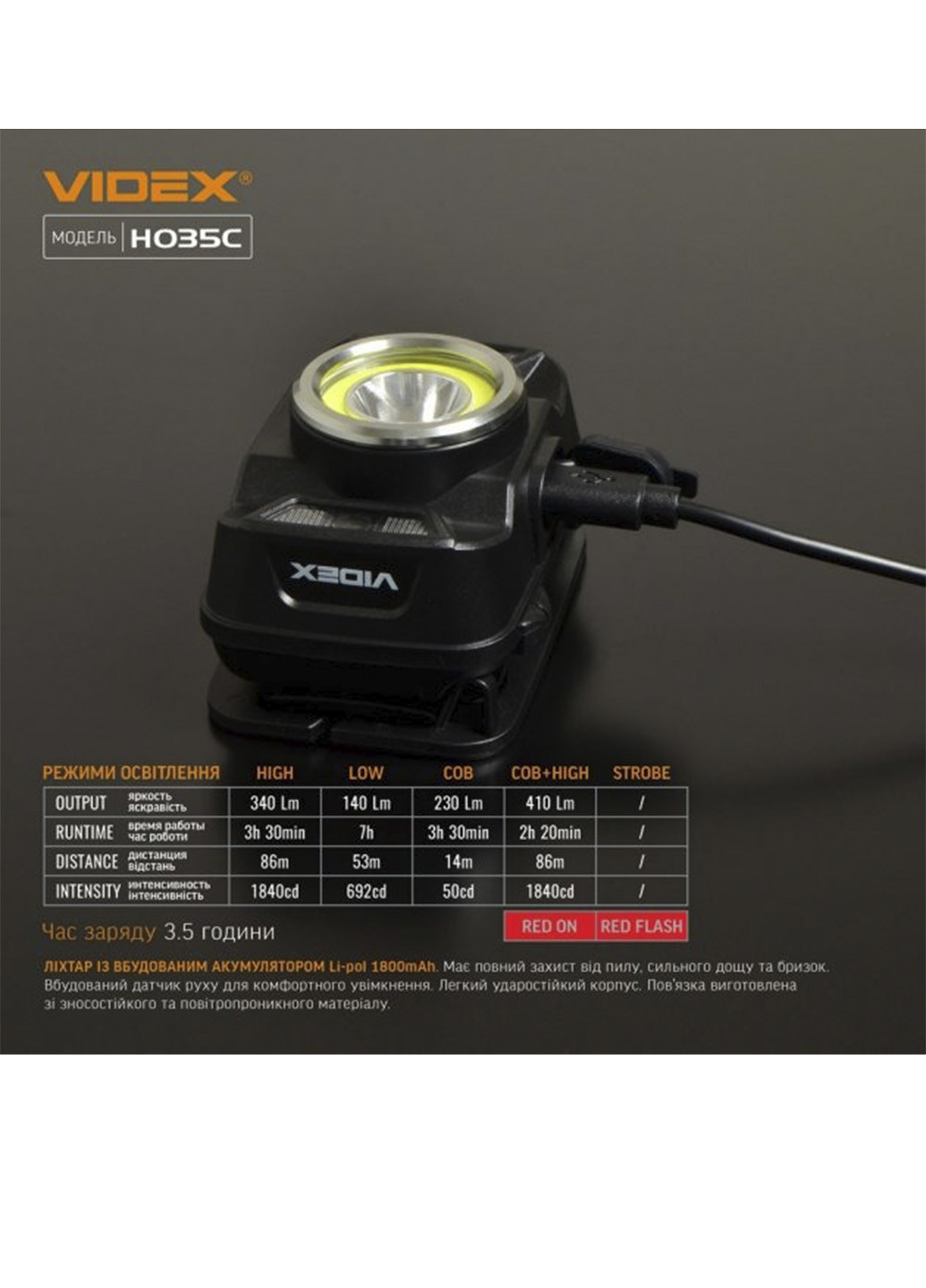 Ліхтар налобний світлодіодний VLF-H035C 410Lm 5000K Videx чорний