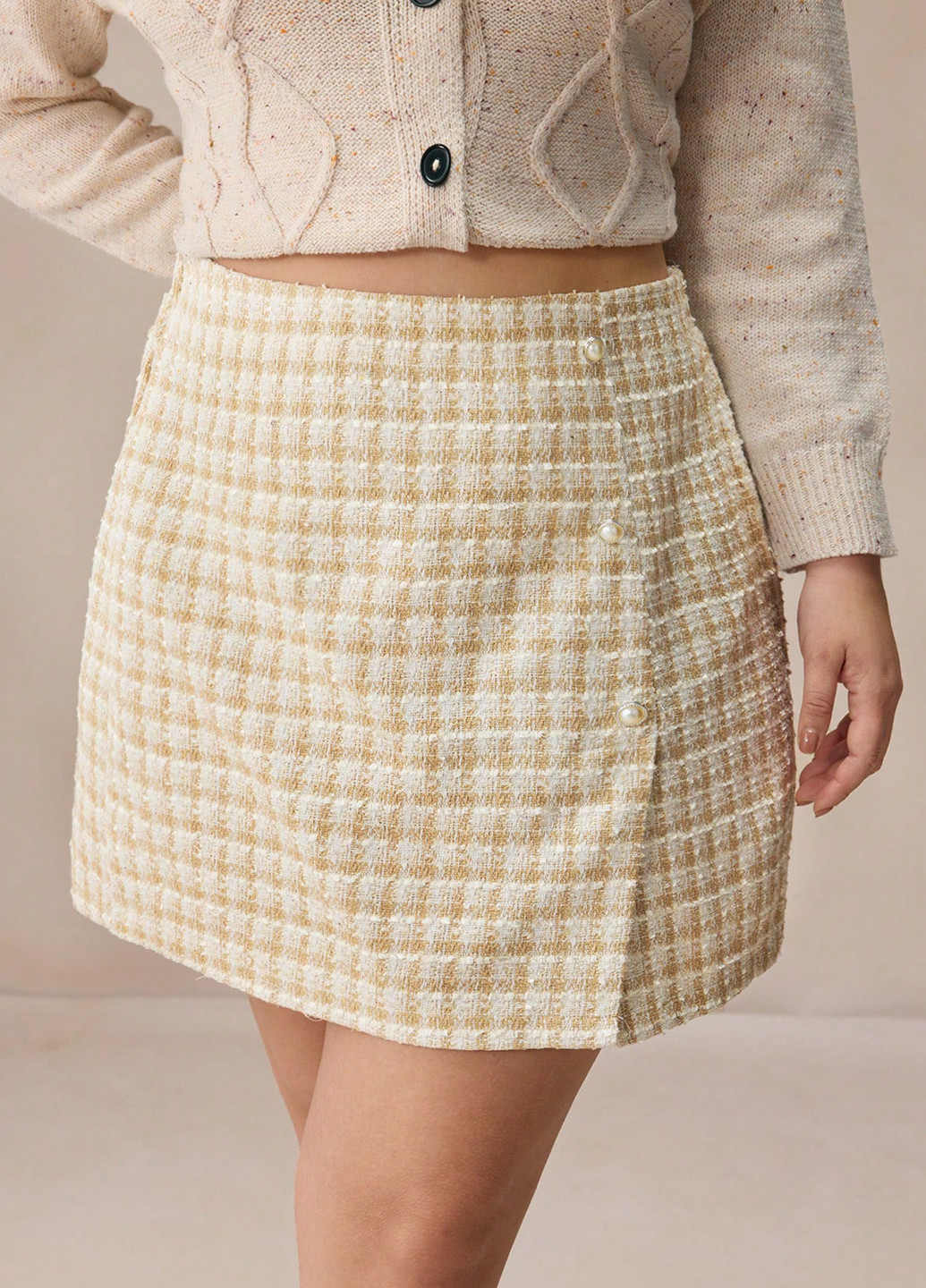 Бежевая кэжуал в клетку юбка SHEIN а-силуэта (трапеция)