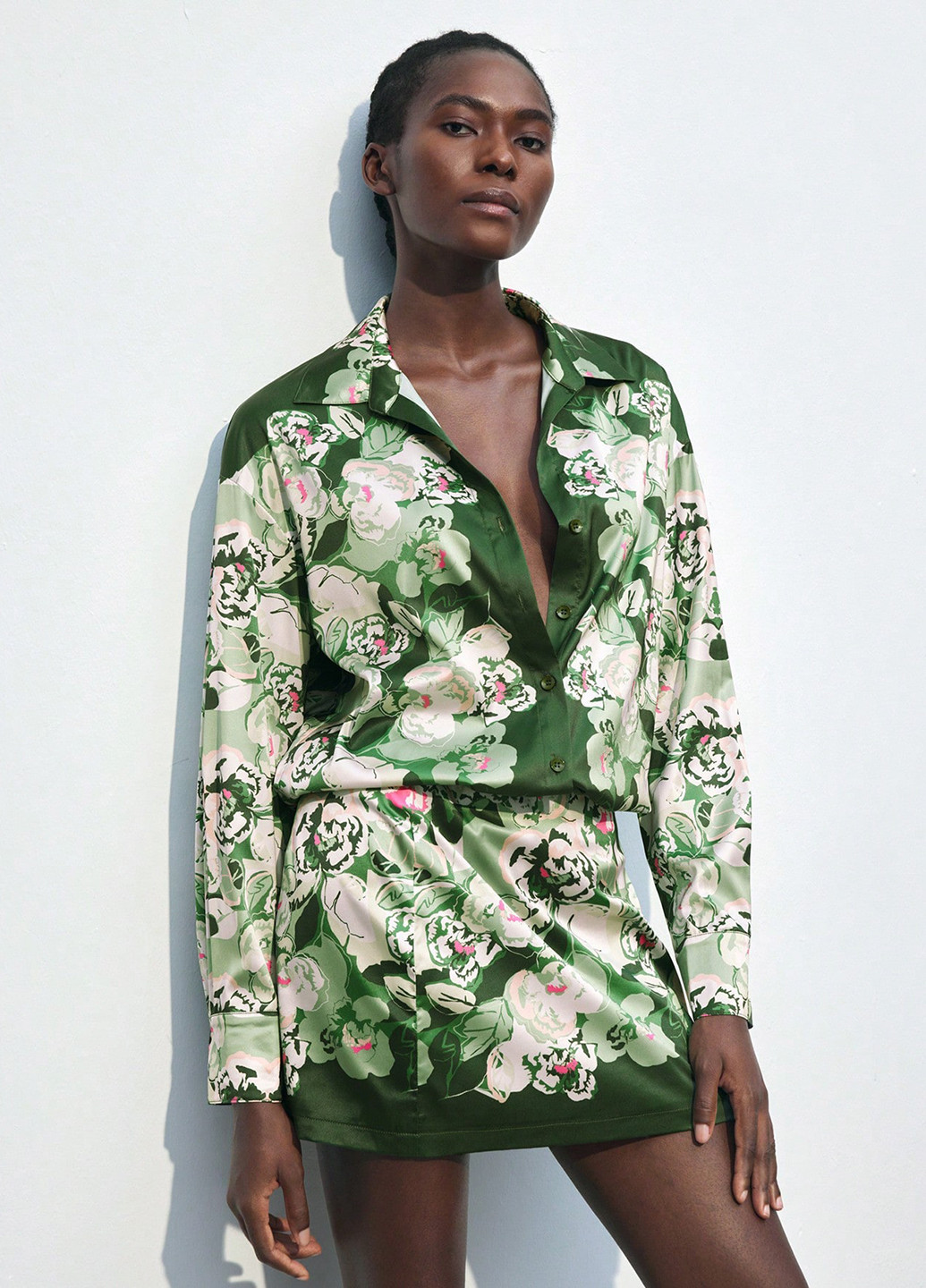 Зеленая кэжуал цветочной расцветки юбка SHEIN а-силуэта (трапеция)