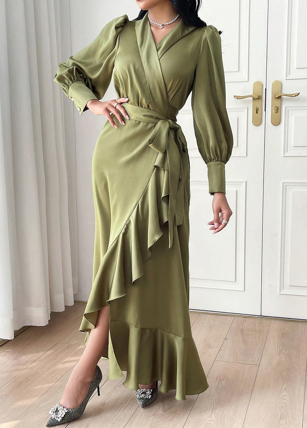 Оливкова святковий, вечірня сукня на запах, а-силует SHEIN однотонна