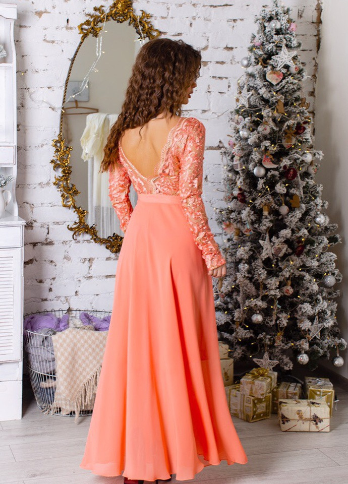 Персиковое свадебное праздничное шифоновое платье с кружевом в пол с юбкой-солнце Marselin с цветочным принтом