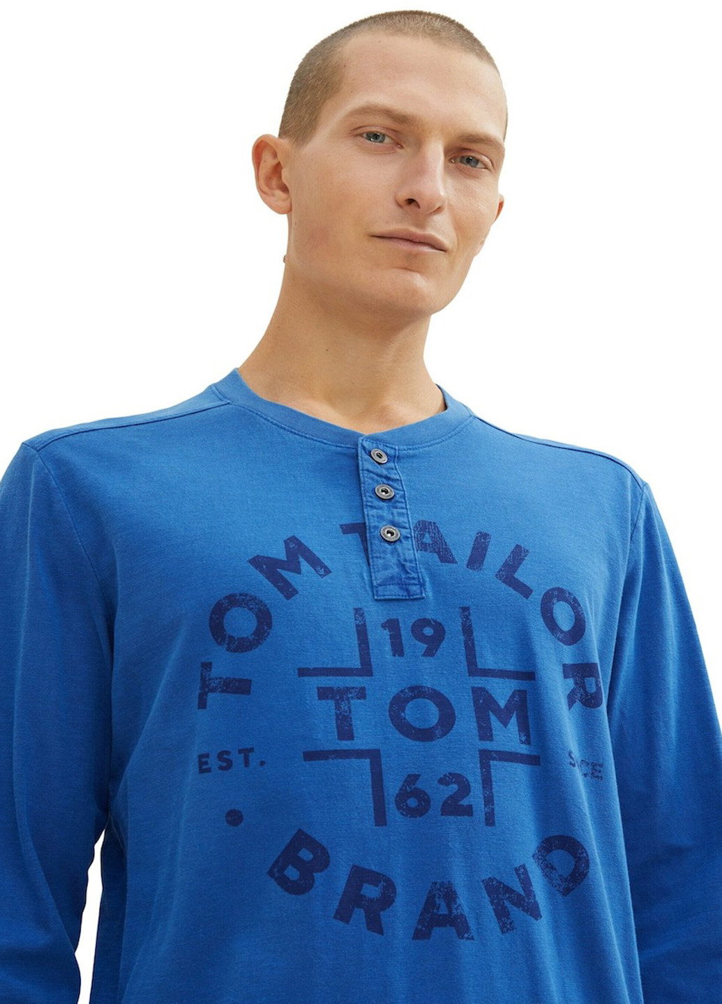 Лонгслів Tom Tailor напис синій кежуали бавовна, трикотаж