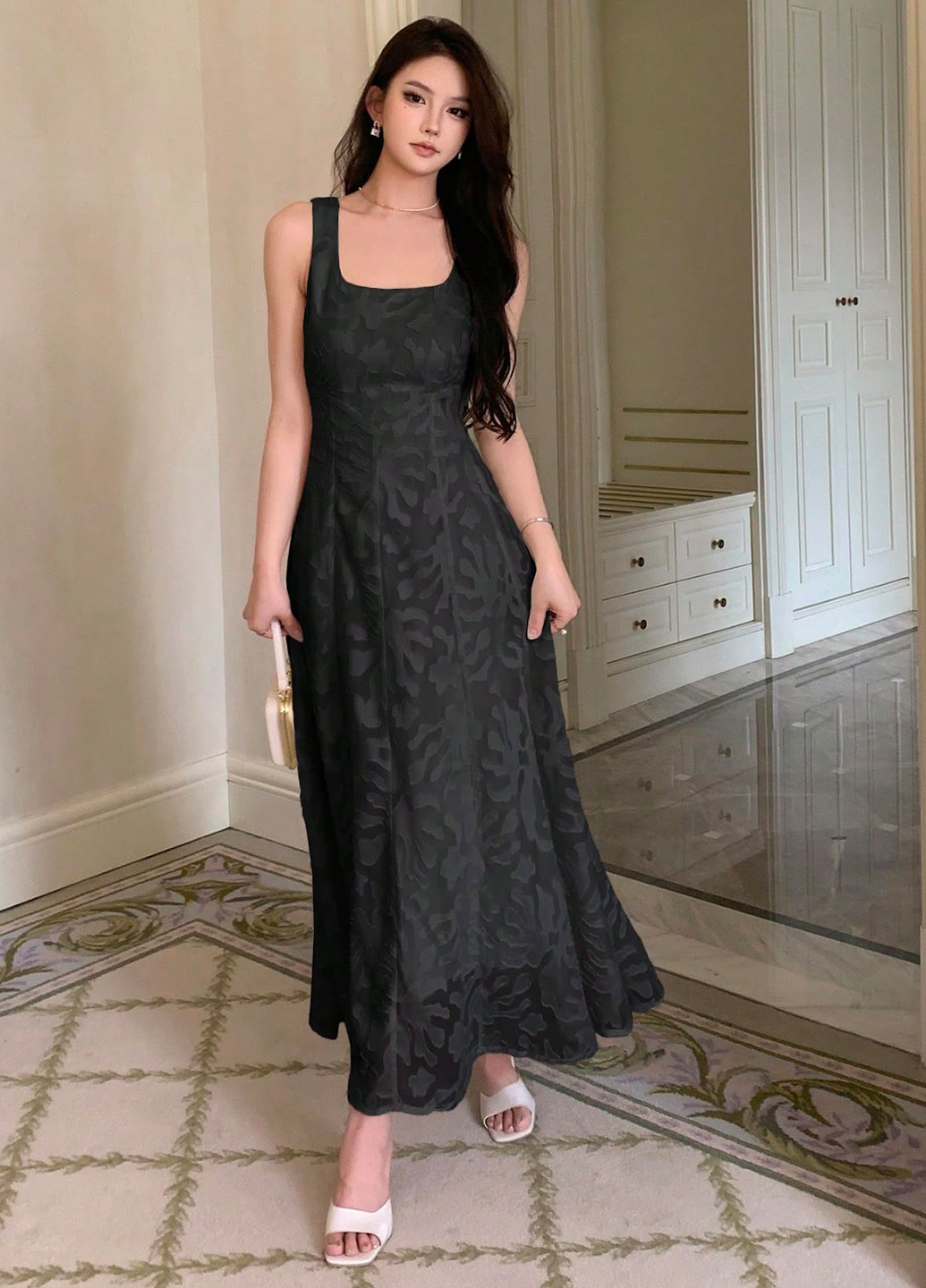 Чорна кежуал, вечірня сукня кльош, а-силует SHEIN з малюнком