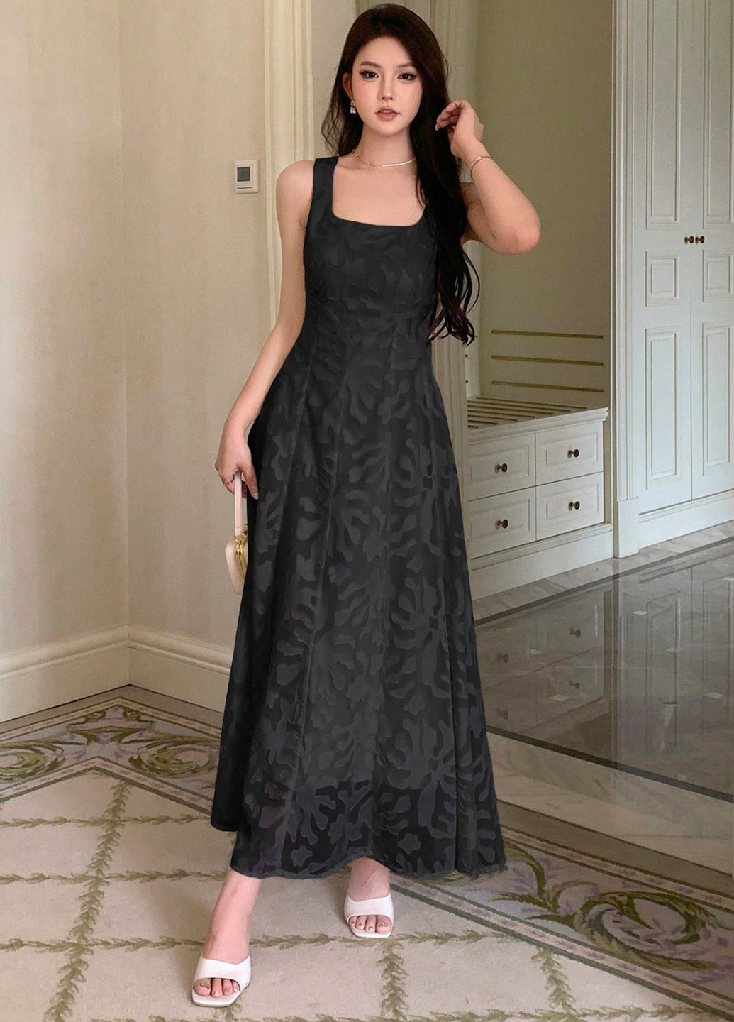 Чорна кежуал, вечірня сукня кльош, а-силует SHEIN з малюнком