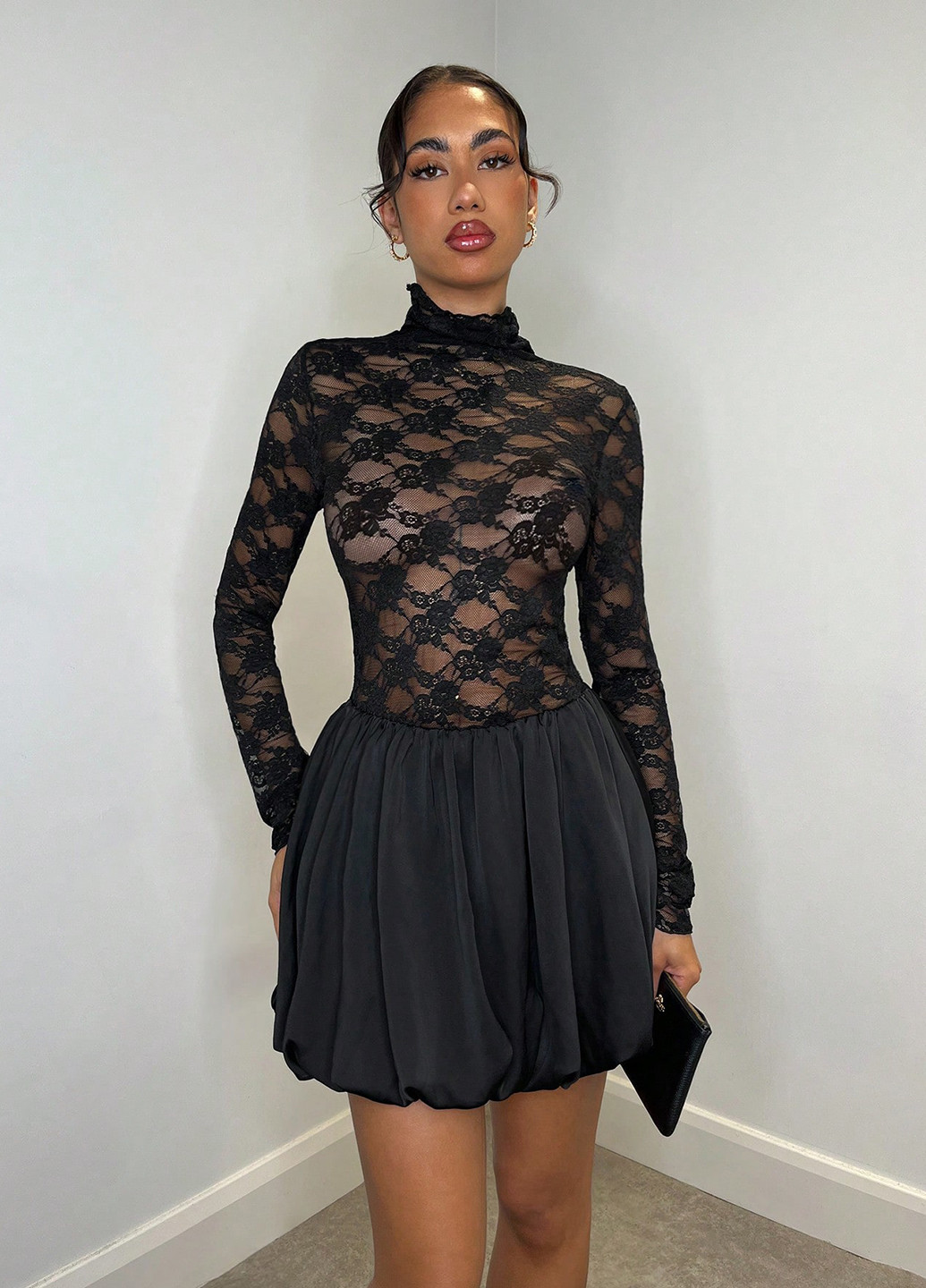 Чорна коктейльна сукня сукня-водолазка, балон SHEIN однотонна