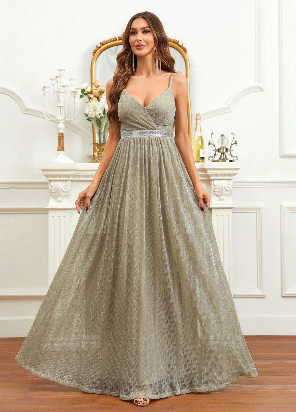 Серое вечернее платье а-силуэт SHEIN однотонное