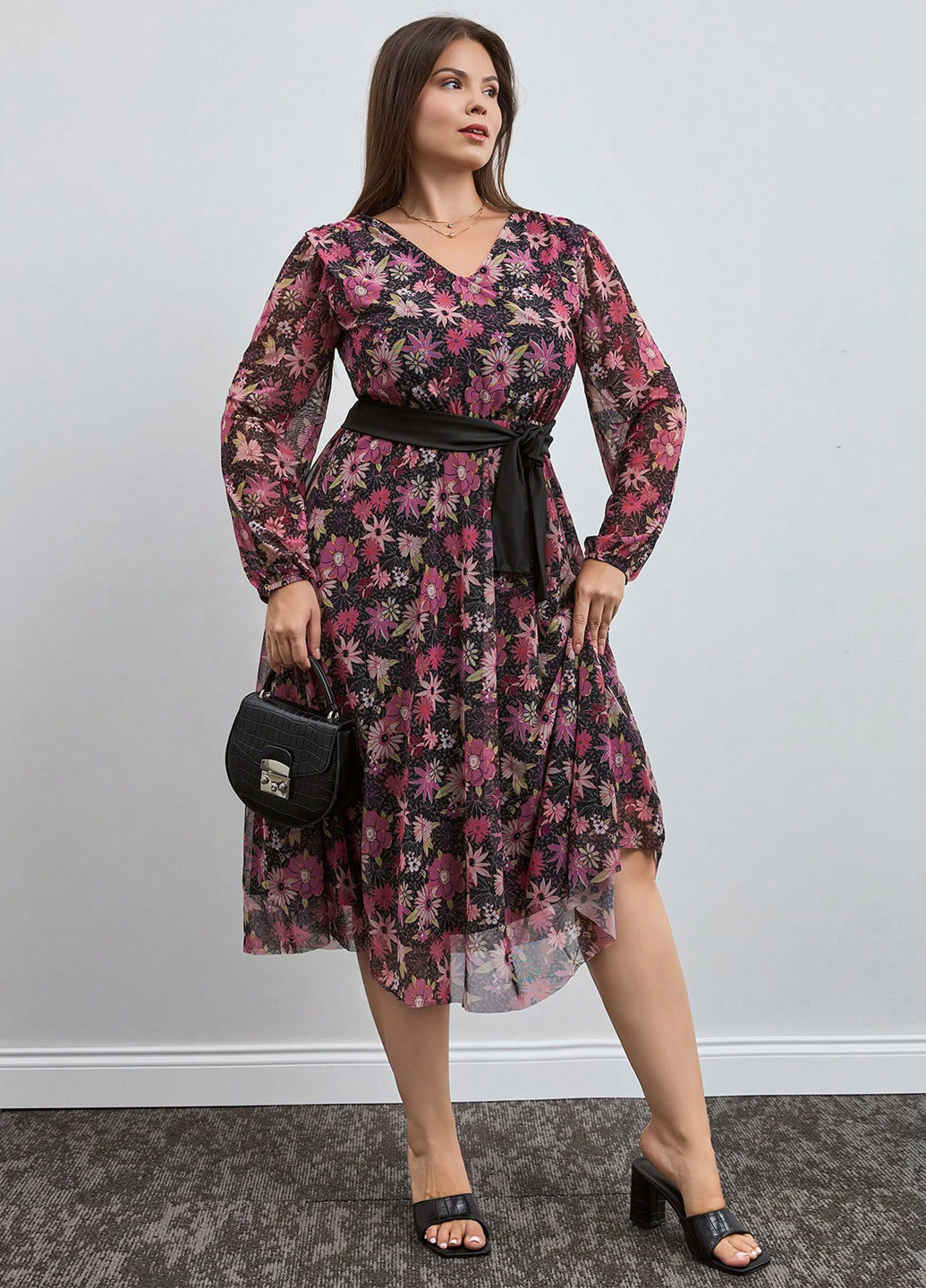 Комбинированное кэжуал платье а-силуэт SHEIN с цветочным принтом