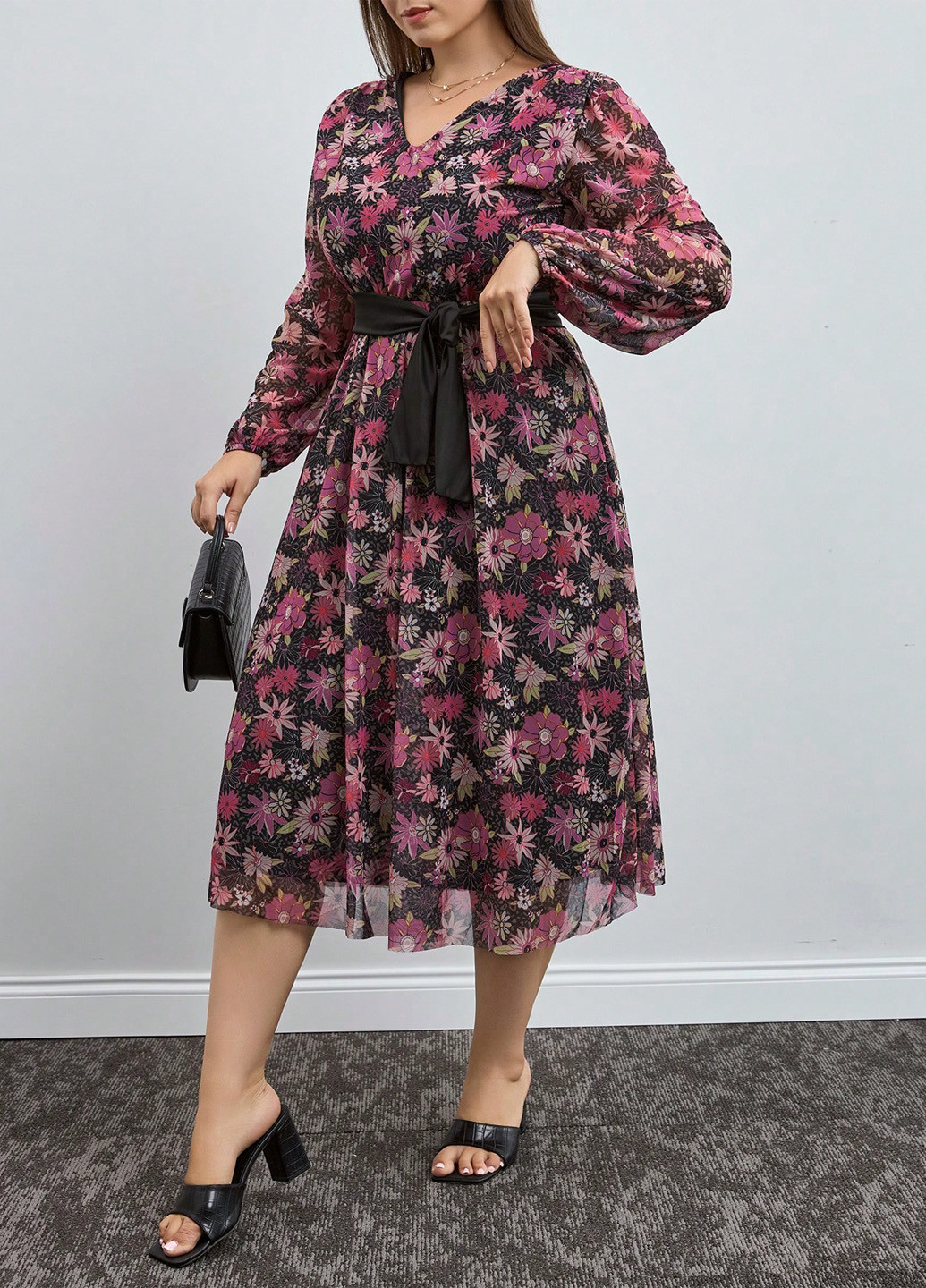 Комбинированное кэжуал платье а-силуэт SHEIN с цветочным принтом