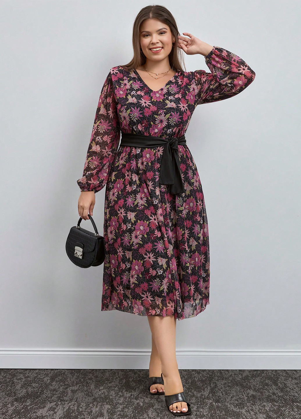 Комбинированное кэжуал платье а-силуэт SHEIN с цветочным принтом