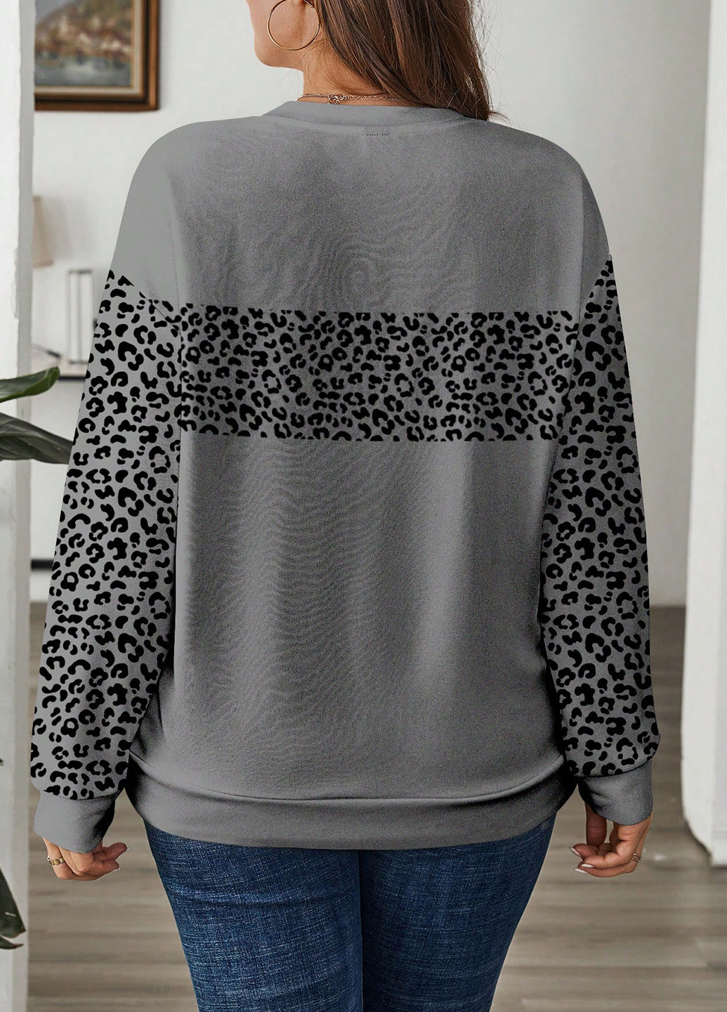 Серый свитшот SHEIN леопардовый без декора (364847221)