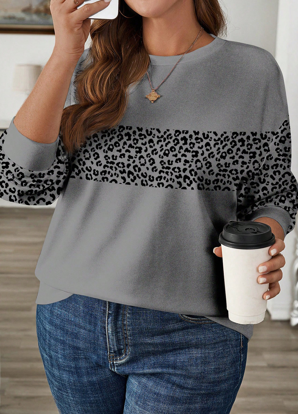 Серый свитшот SHEIN леопардовый без декора (364847221)