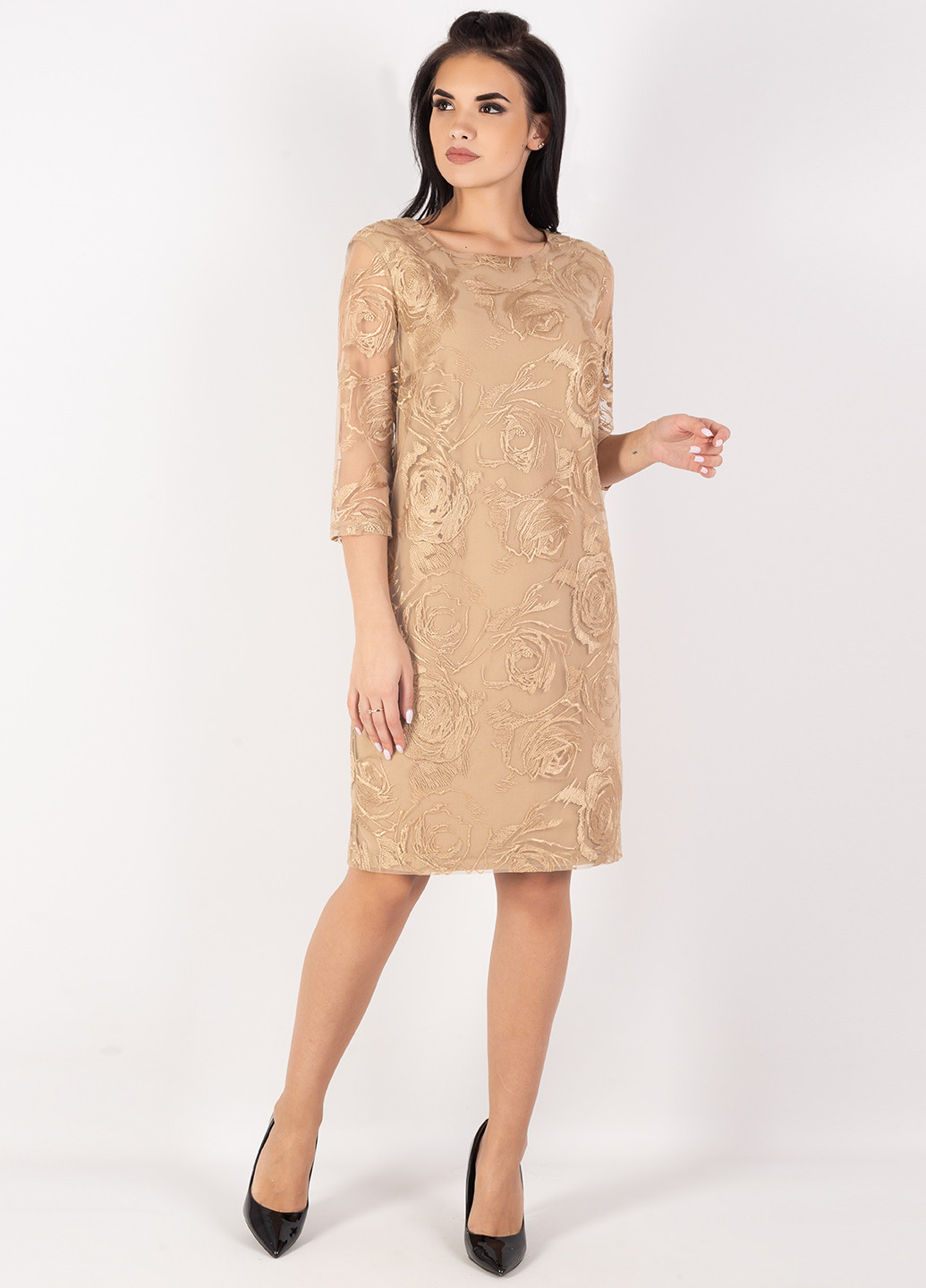 Золотистое кэжуал платье с длинным рукавом, футляр Seam однотонное