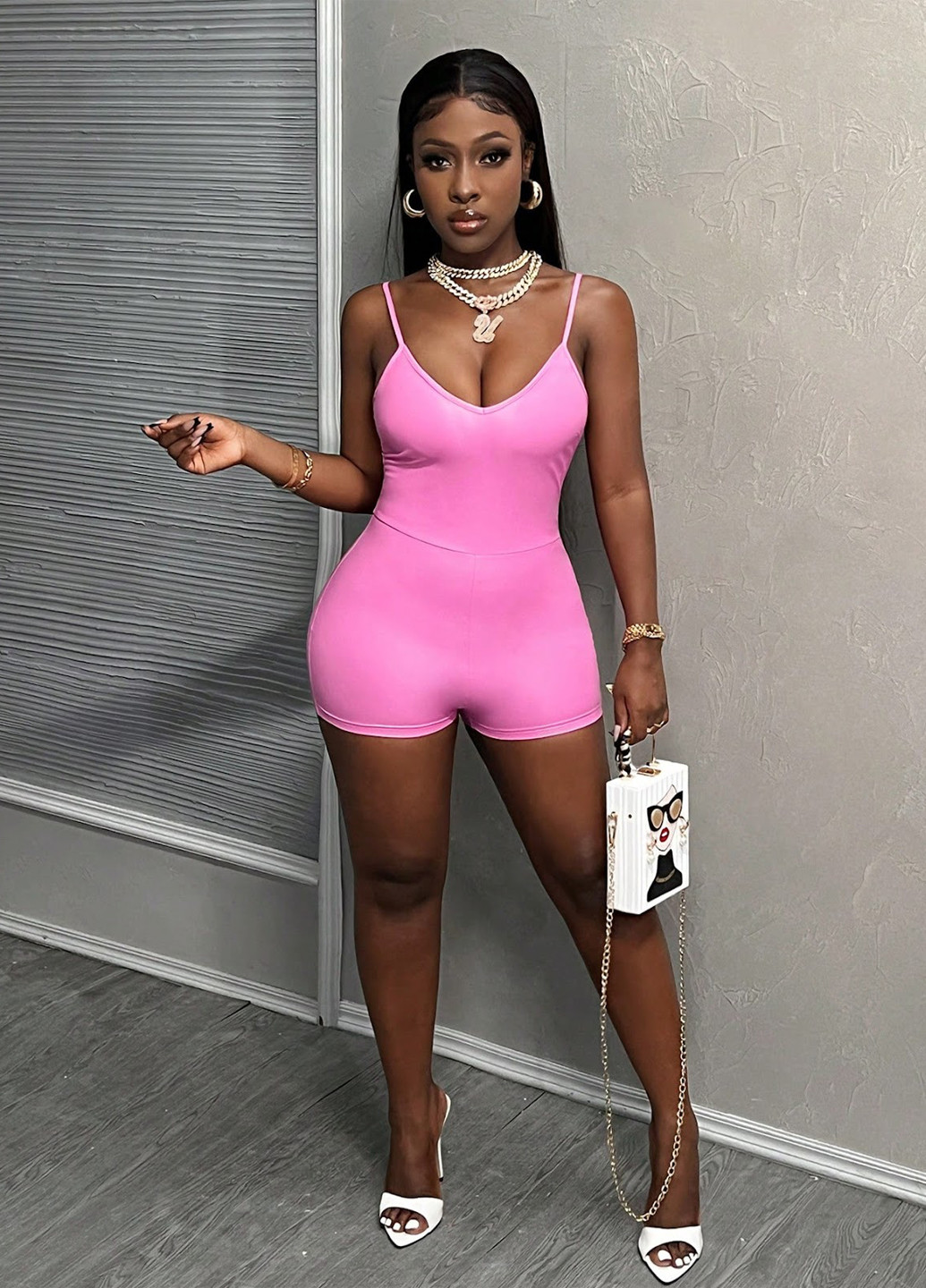 Комбінезон SHEIN комбінезон-шорти однотонний рожевий вечірній, кежуал поліестер, штучна шкіра