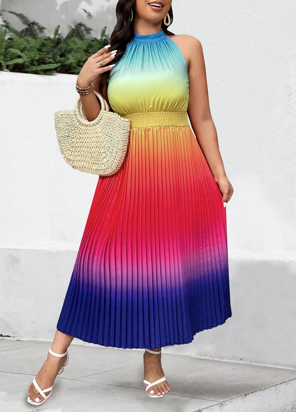 Комбинированное праздничный, вечернее, пляжное, кэжуал платье а-силуэт, плиссированное SHEIN градиентное ("омбре")