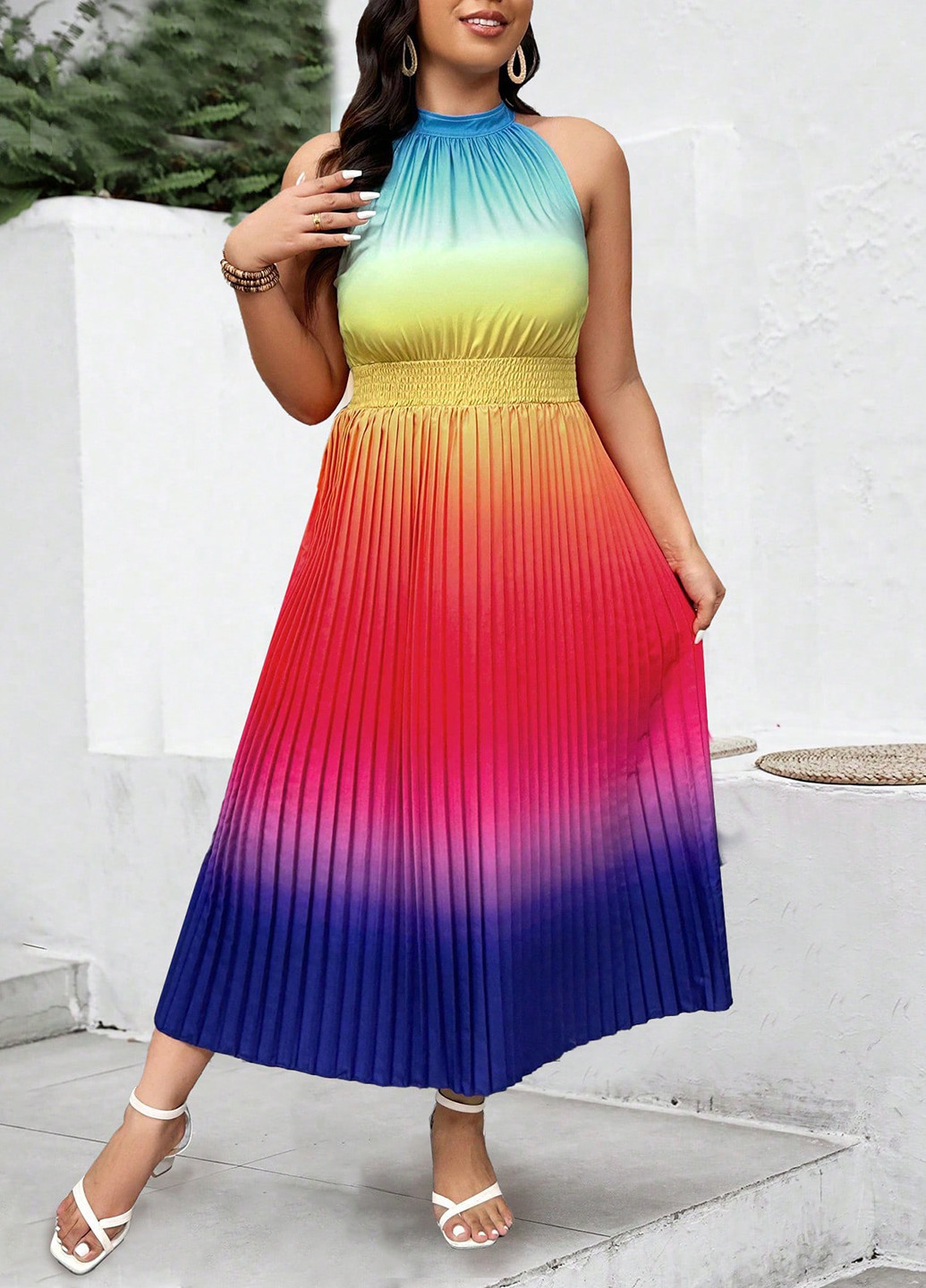 Комбинированное праздничный, вечернее, пляжное, кэжуал платье а-силуэт, плиссированное SHEIN градиентное ("омбре")