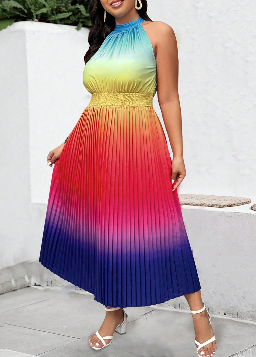 Комбинированное праздничный, вечернее, пляжное, кэжуал платье а-силуэт, плиссированное SHEIN градиентное ("омбре")