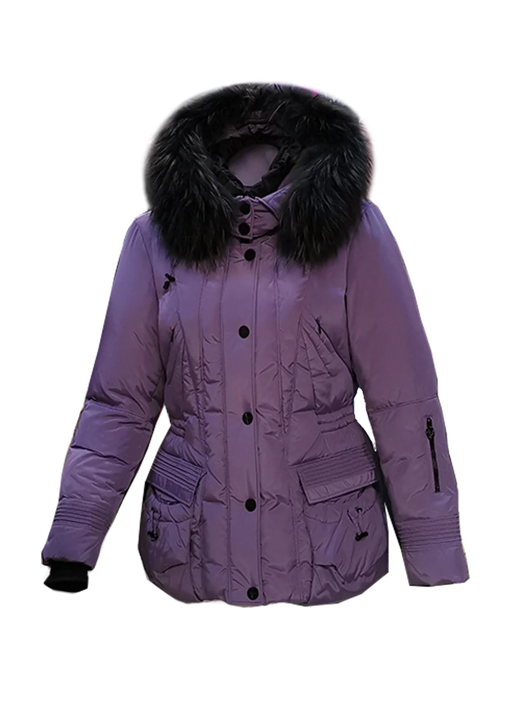 Сиреневая зимняя куртка на натуральном пуху с капюшоном с мехом енота Mirage