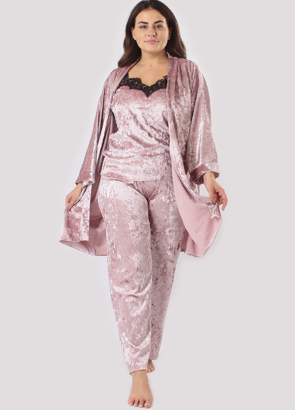 Світло-рожевий демісезонний комплект (халат, топ, брюки) Ghazel