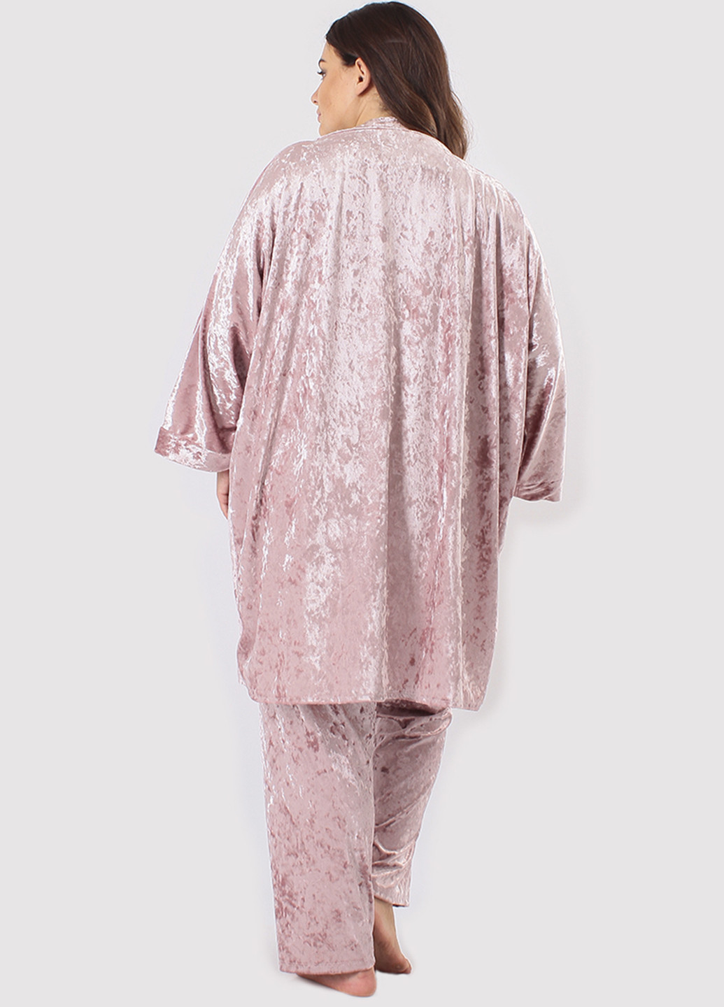 Світло-рожевий демісезонний комплект (халат, топ, брюки) Ghazel