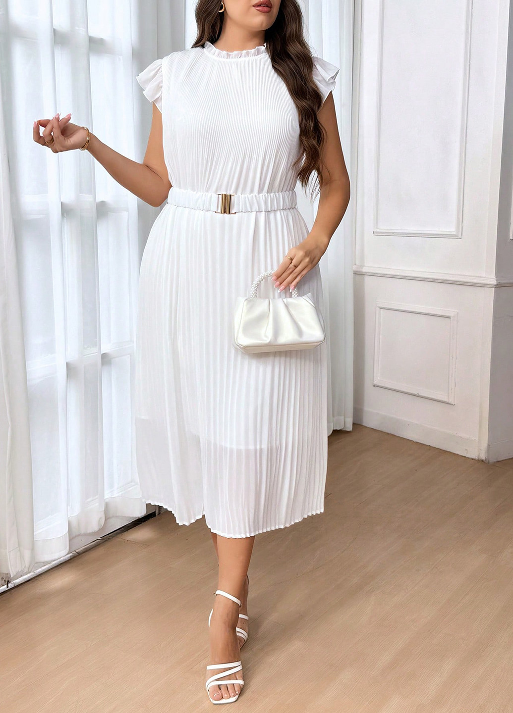 Білий святковий, кежуал сукня а-силует, плісована SHEIN однотонна
