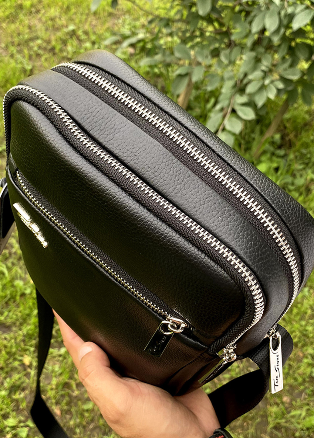 Сумка мужская кожаная на молнии 801 B черная Tom Stone (213138585)