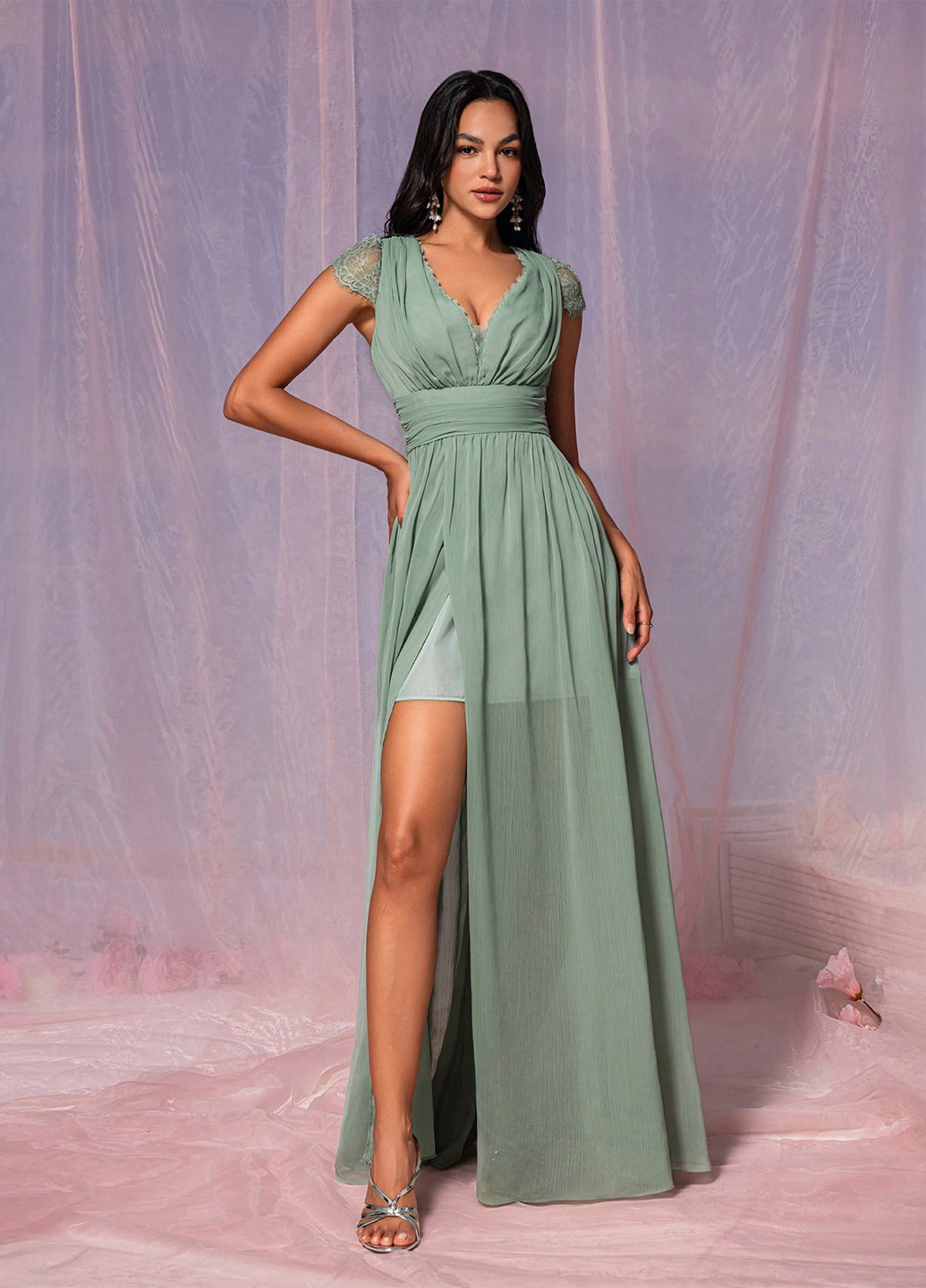 Світло-зелена святковий, вечірня сукня в стилі армпір SHEIN однотонна