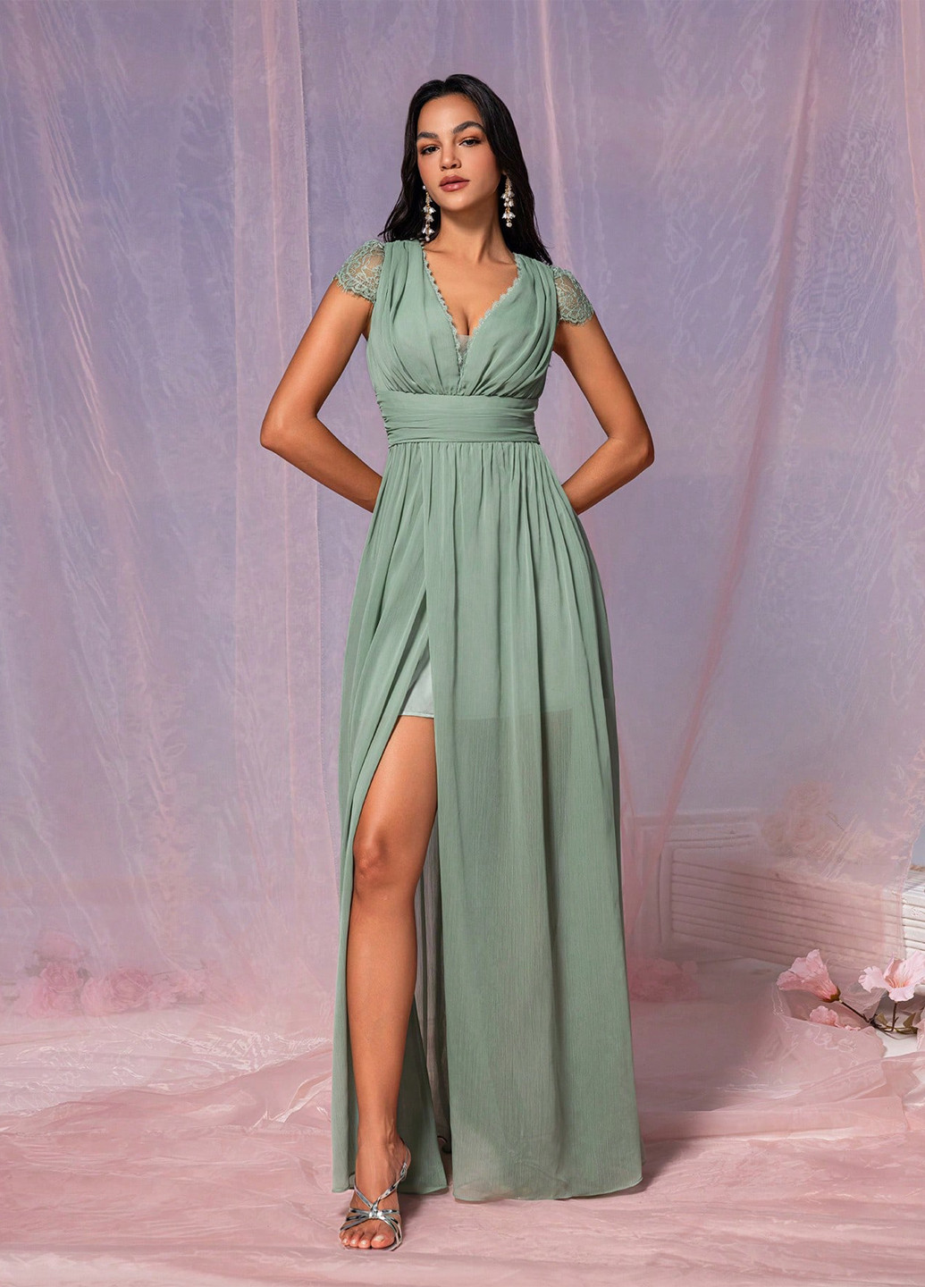 Світло-зелена святковий, вечірня сукня в стилі армпір SHEIN однотонна