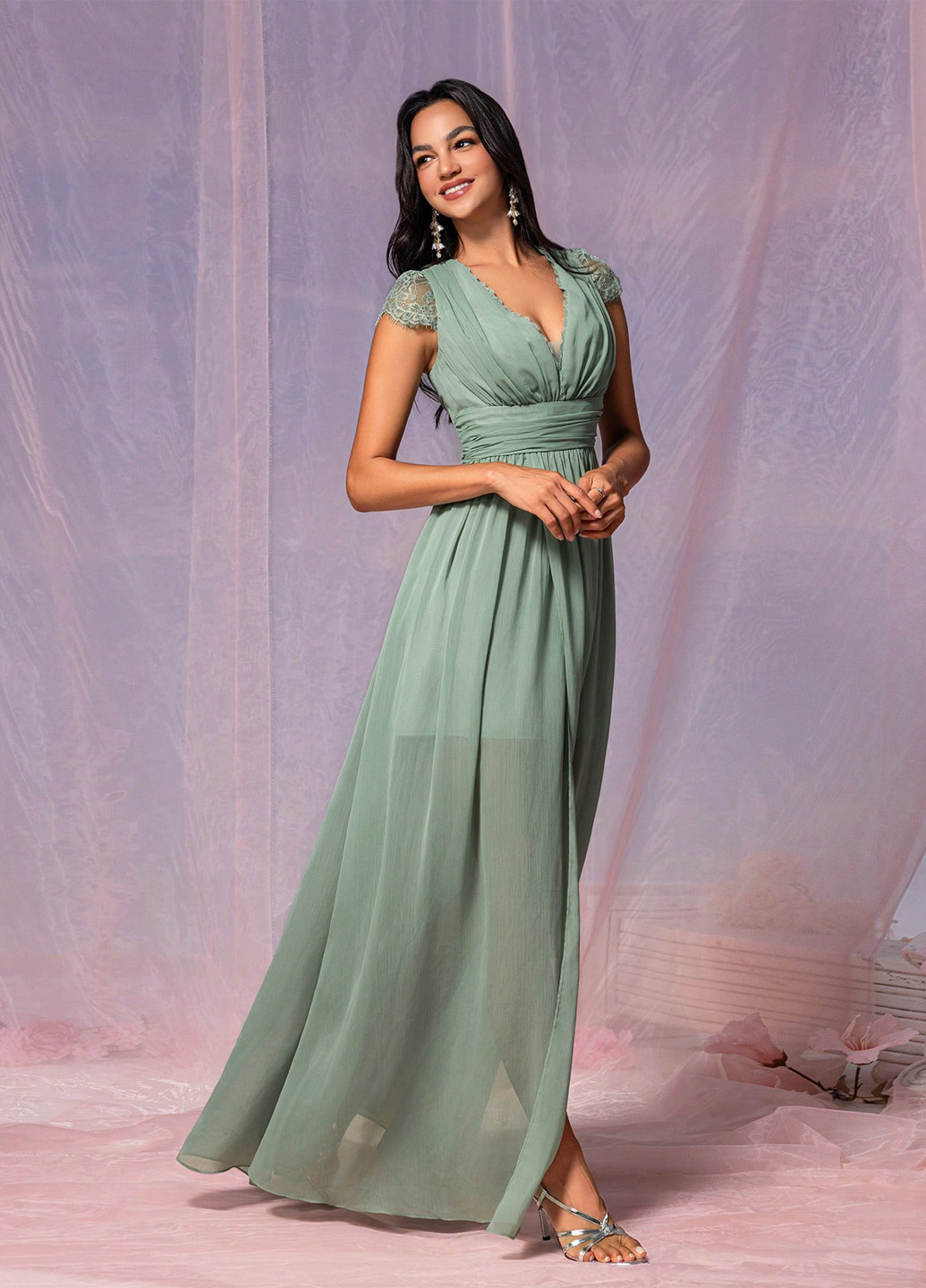 Світло-зелена святковий, вечірня сукня в стилі армпір SHEIN однотонна