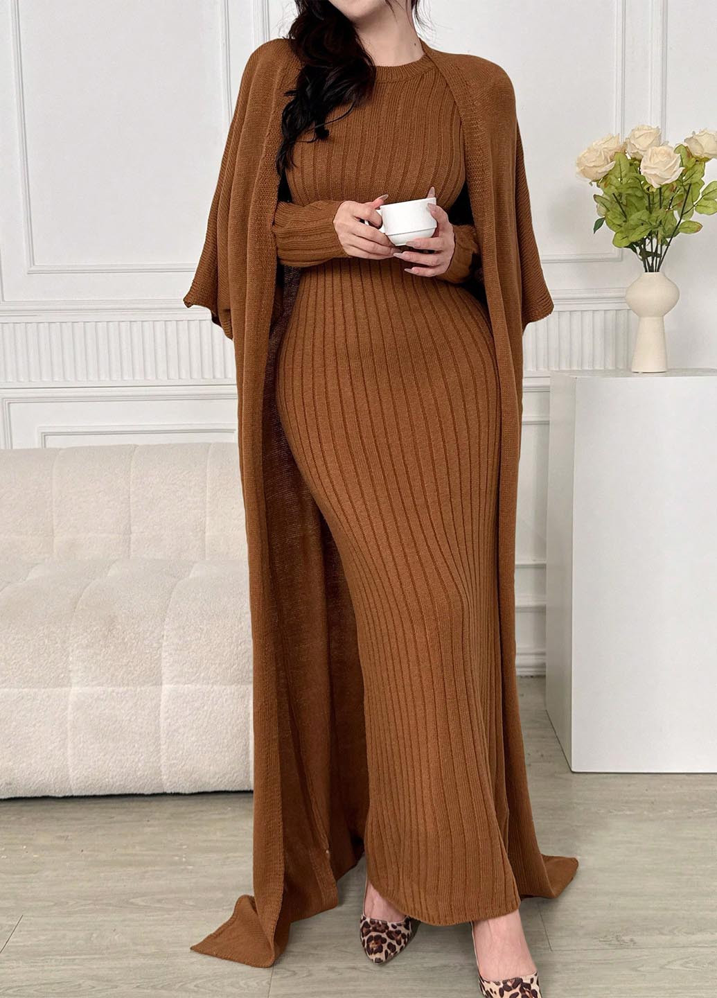 Коричневий демісезонний комплект (сукня, кардиган) SHEIN