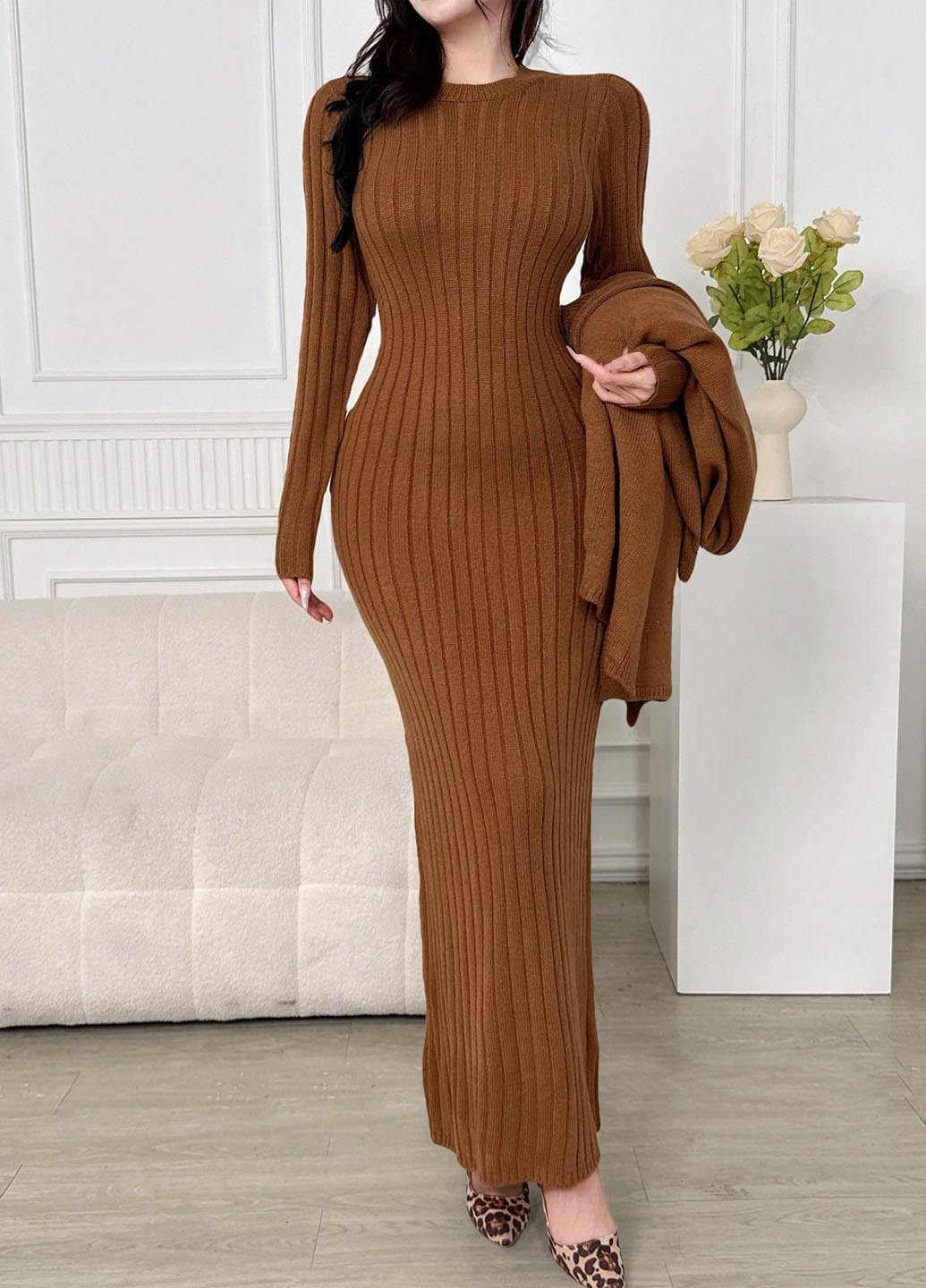 Коричневий демісезонний комплект (сукня, кардиган) SHEIN