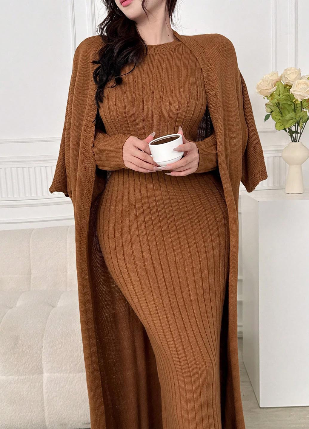 Коричневий демісезонний комплект (сукня, кардиган) SHEIN