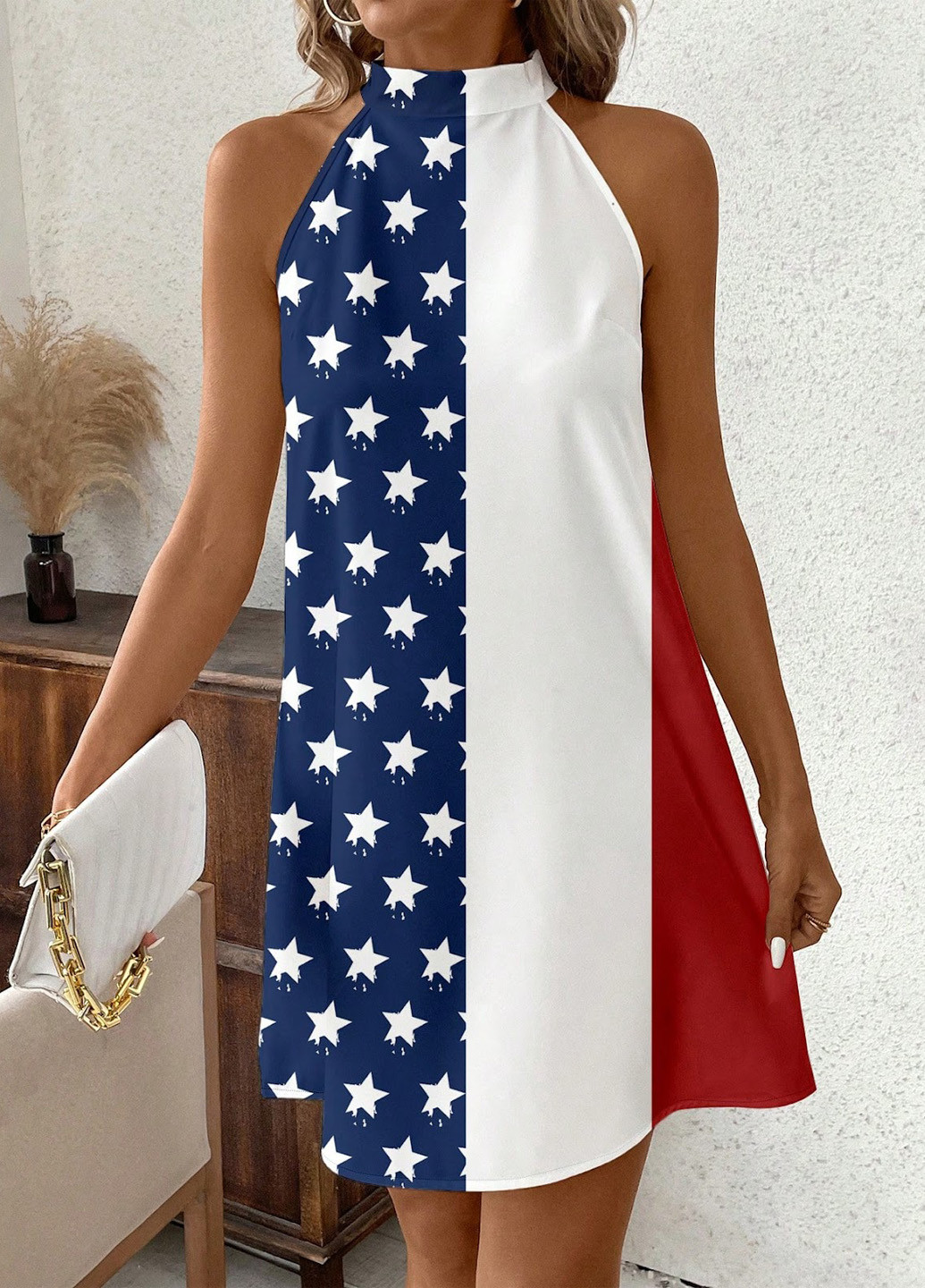 Комбинированное кэжуал платье с открытыми плечами SHEIN американский флаг